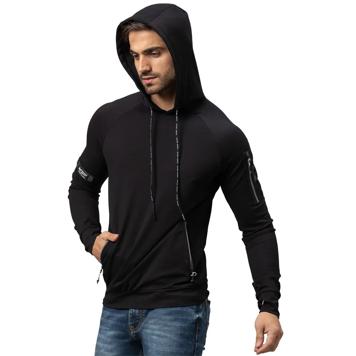 Black Regular Fit  Long Sleeves Rayon And Nylon Men's Hoodie by Being Human Clothing - Image 4