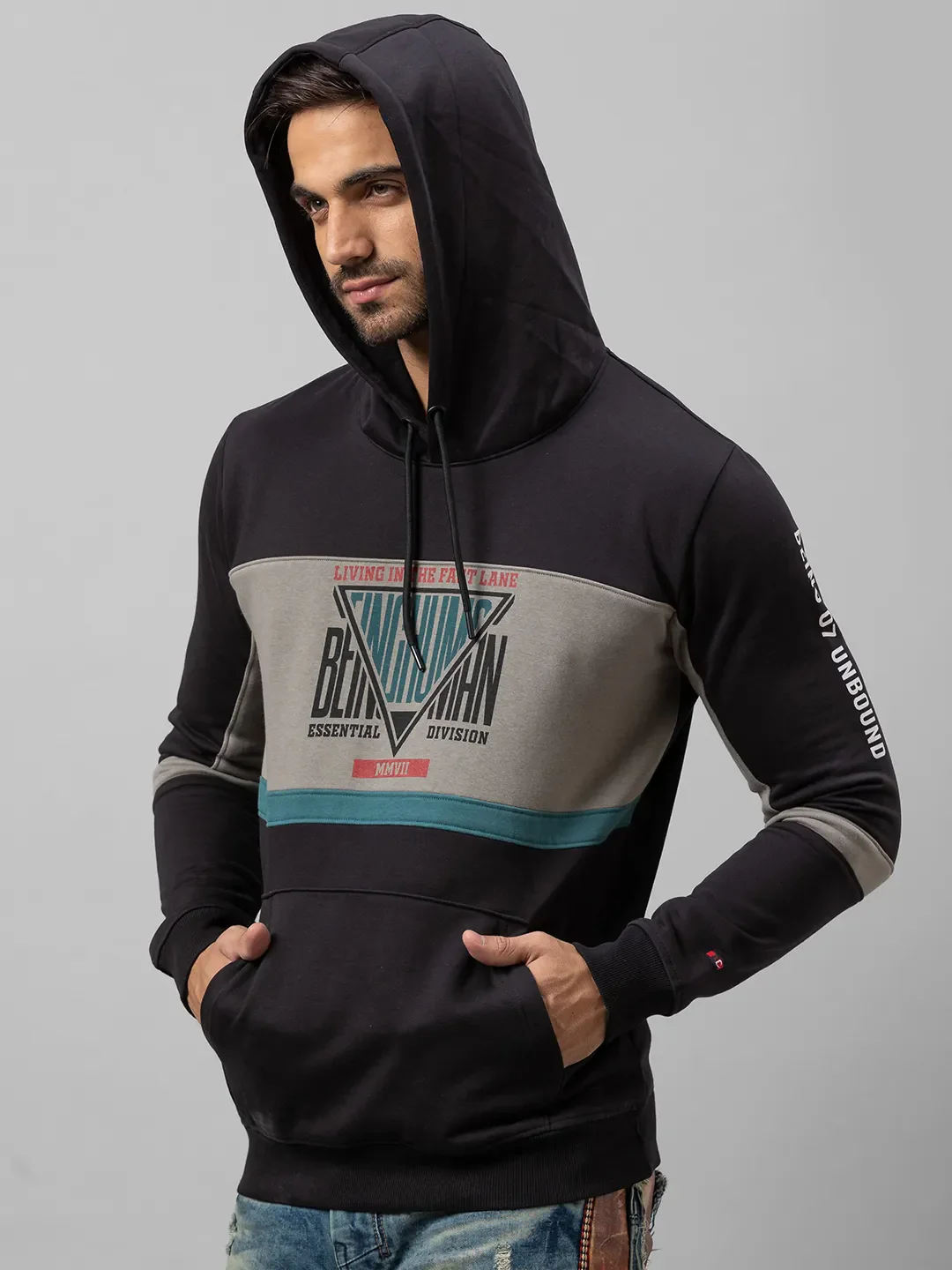 Grey Regular Fit  Long Sleeves Cotton Men's Hoodie by Being Human Clothing - Image 2