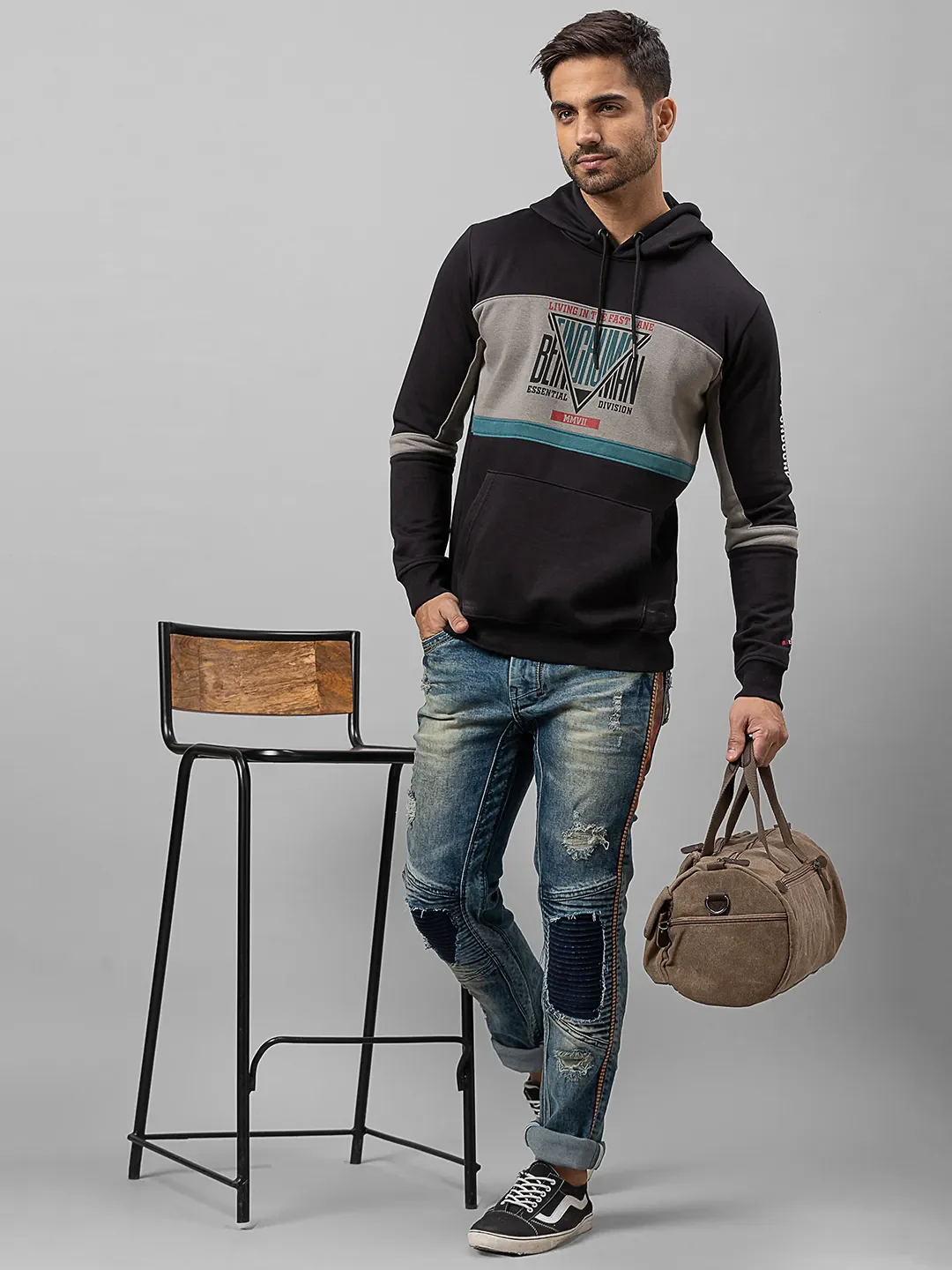 Grey Regular Fit  Long Sleeves Cotton Men's Hoodie by Being Human Clothing - Image 5