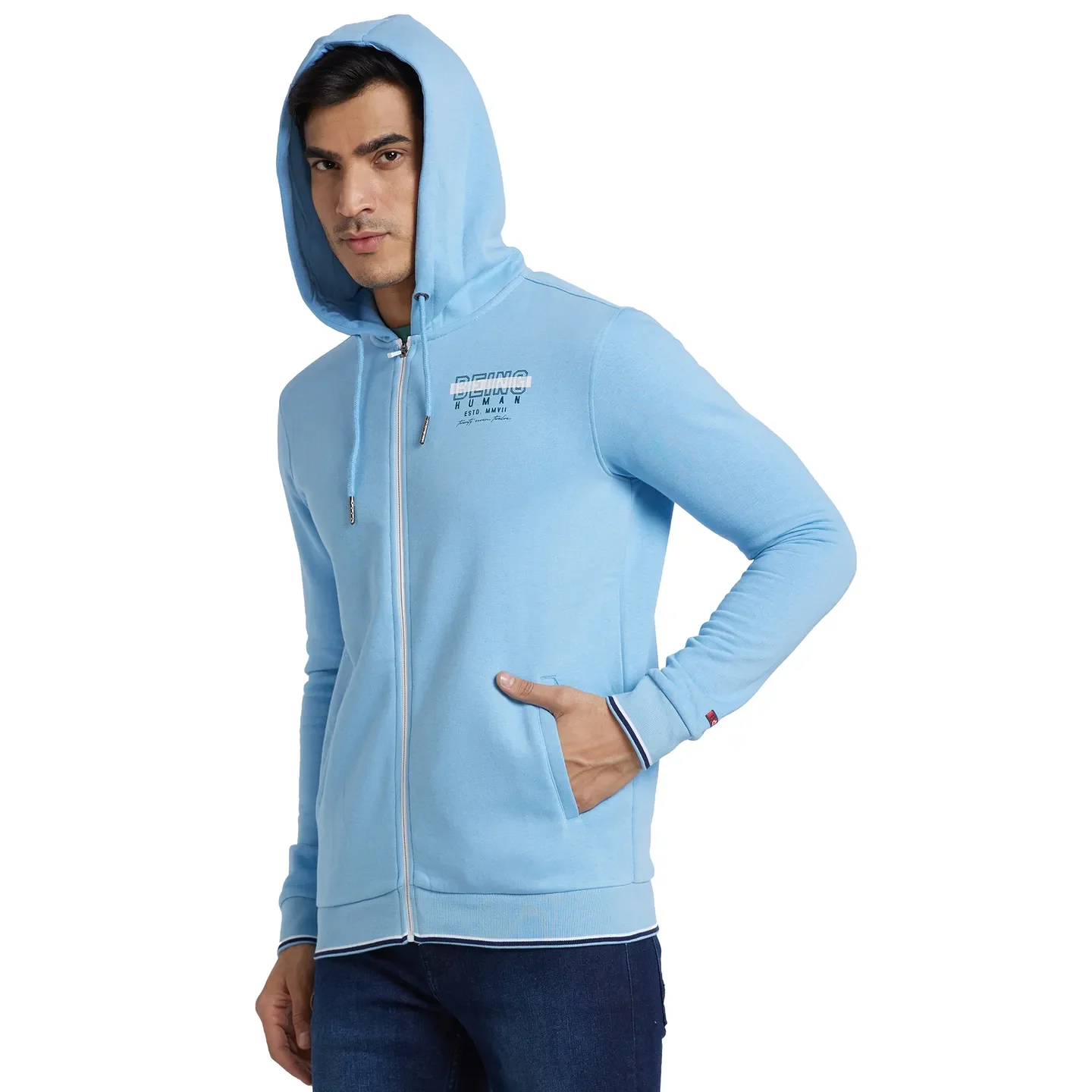 Blue Regular Fit  Long Sleeves Cotton Men's Hoodie by Being Human Clothing - Image 2