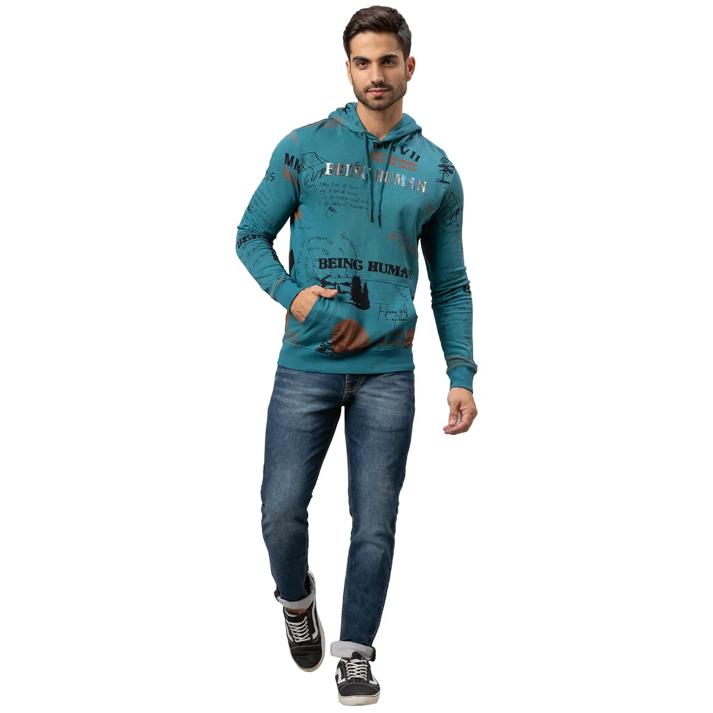 Green Regular Fit Long Sleeves Cotton Men's Hoodie by Being Human Clothing - Image 2