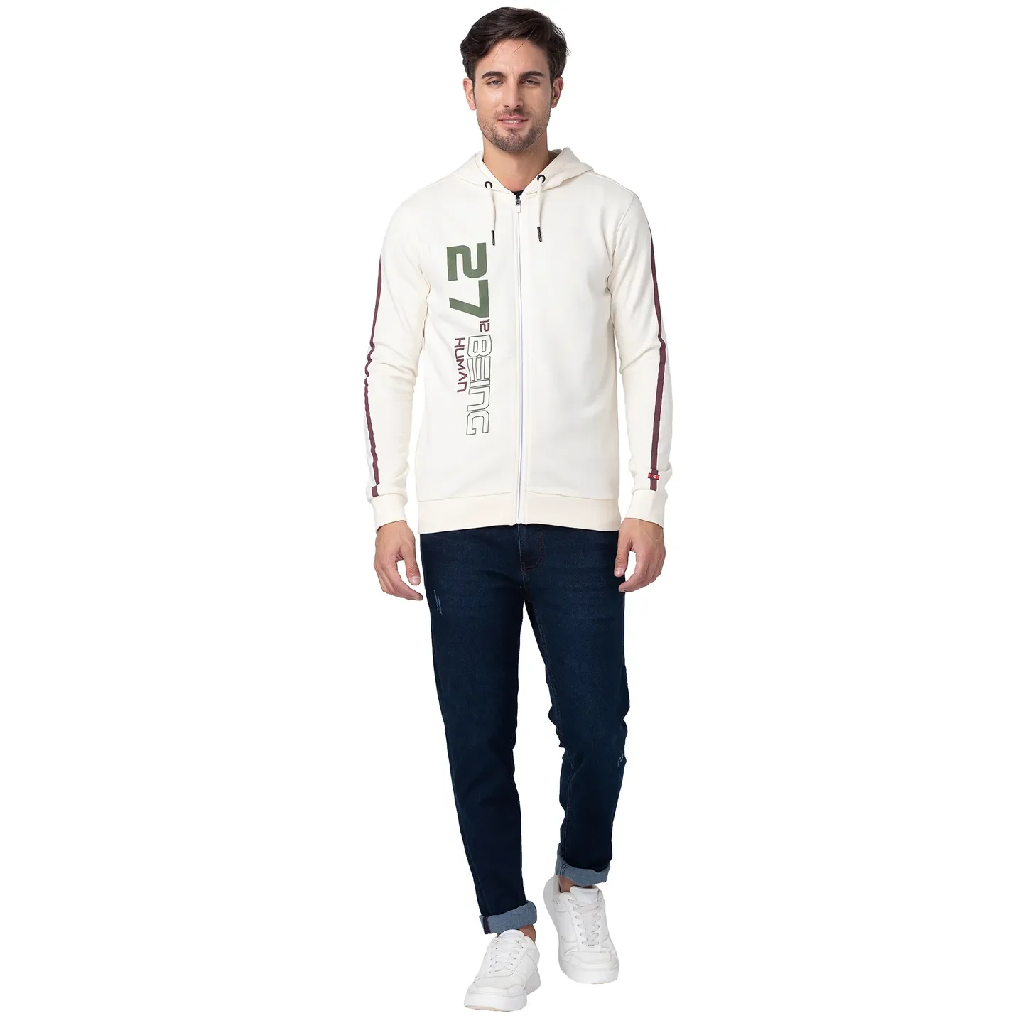 Beige Regular Fit  Long Sleeves Cotton Men's Hoodie by Being Human Clothing - Image 2