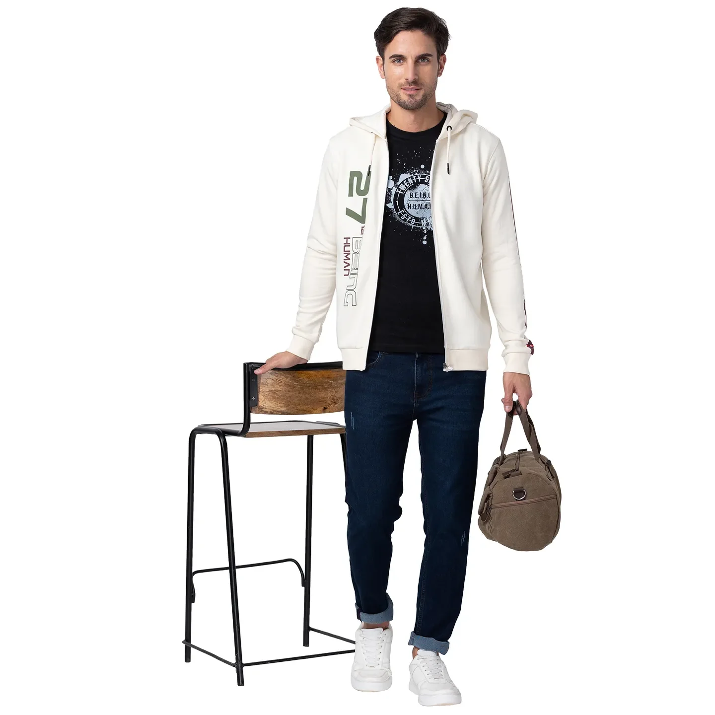 Beige Regular Fit  Long Sleeves Cotton Men's Hoodie by Being Human Clothing - Image 6