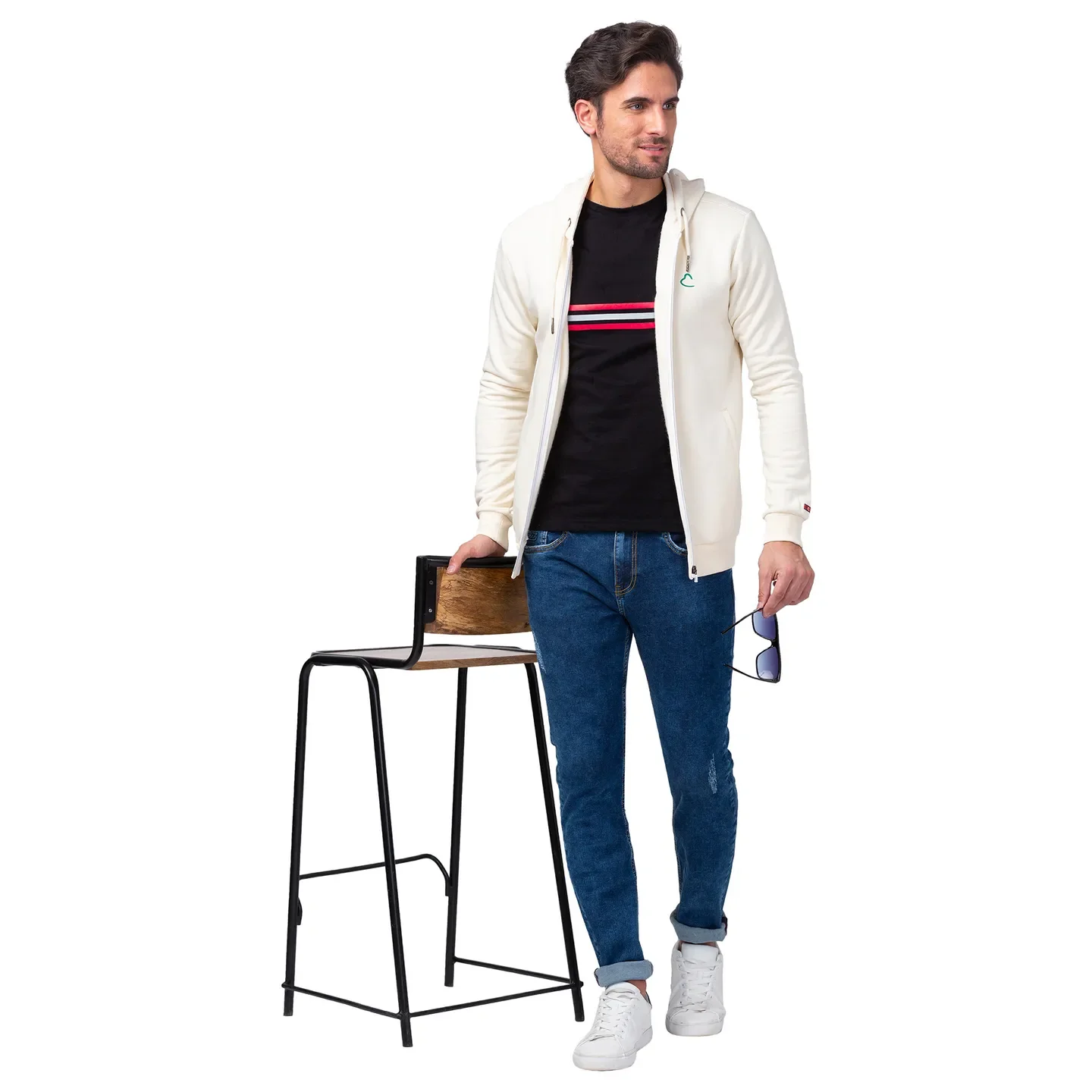Beige Regular Fit  Long Sleeves Cotton Men's Hoodie by Being Human Clothing - Image 6