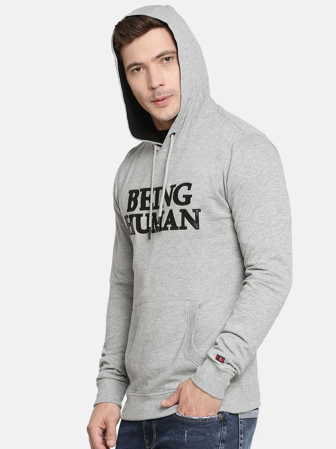 Grey Regular Fit  Long Sleeves Cotton Men's Hoodie by Being Human Clothing - Image 2