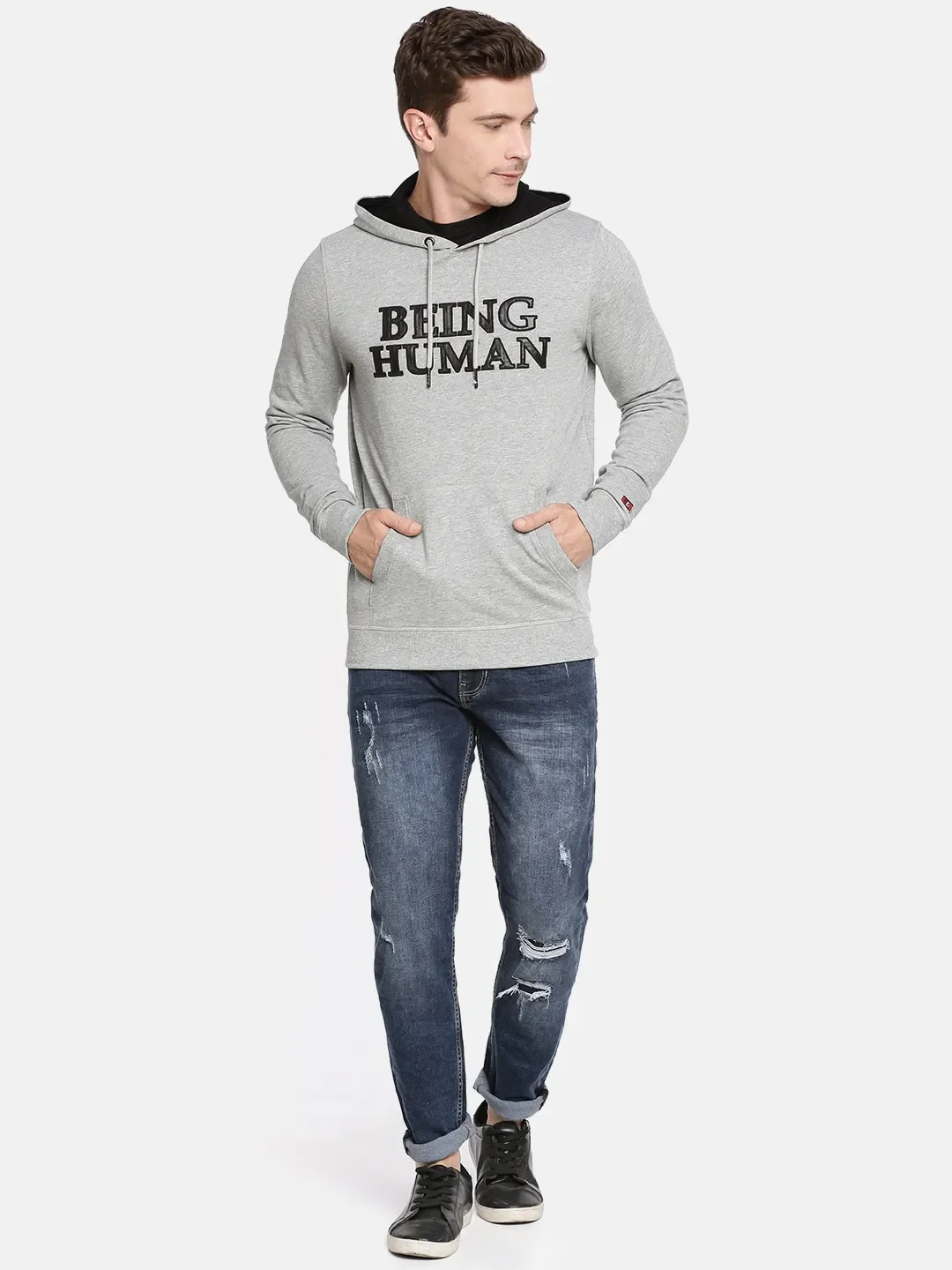 Grey Regular Fit  Long Sleeves Cotton Men's Hoodie by Being Human Clothing - Image 5