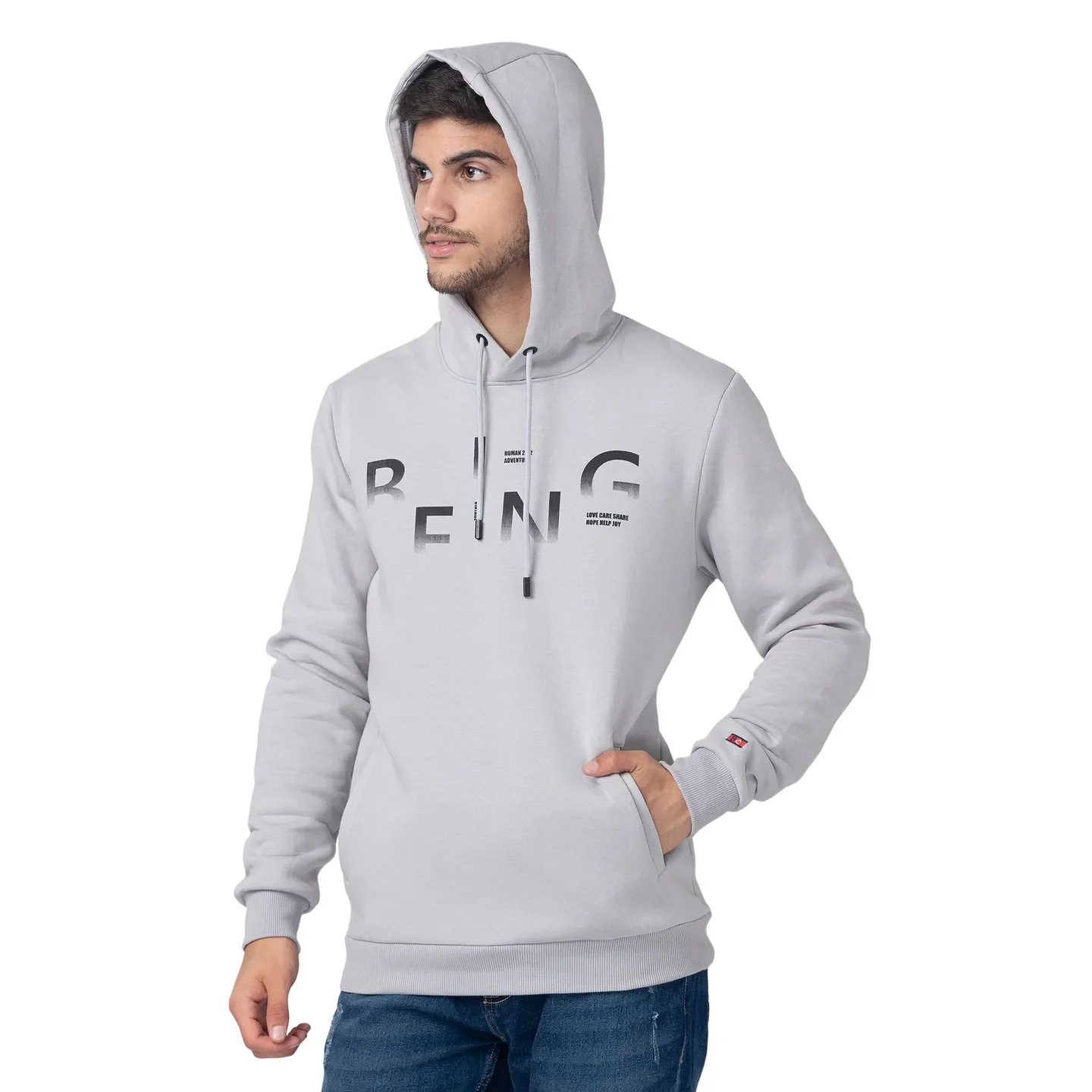 Grey Regular Fit  Long Sleeves Cotton Men's Hoodie by Being Human Clothing - Image 2