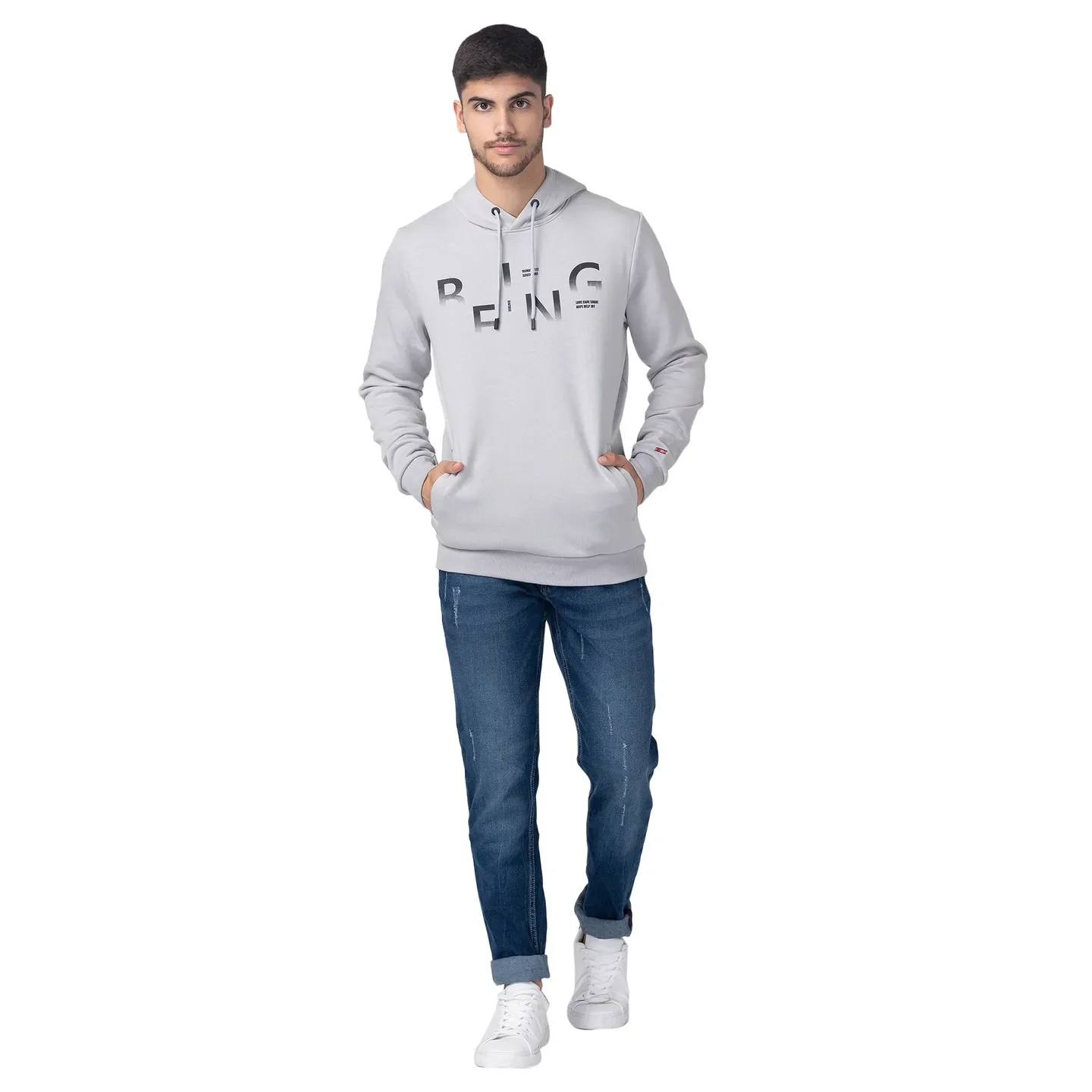 Grey Regular Fit  Long Sleeves Cotton Men's Hoodie by Being Human Clothing - Image 5