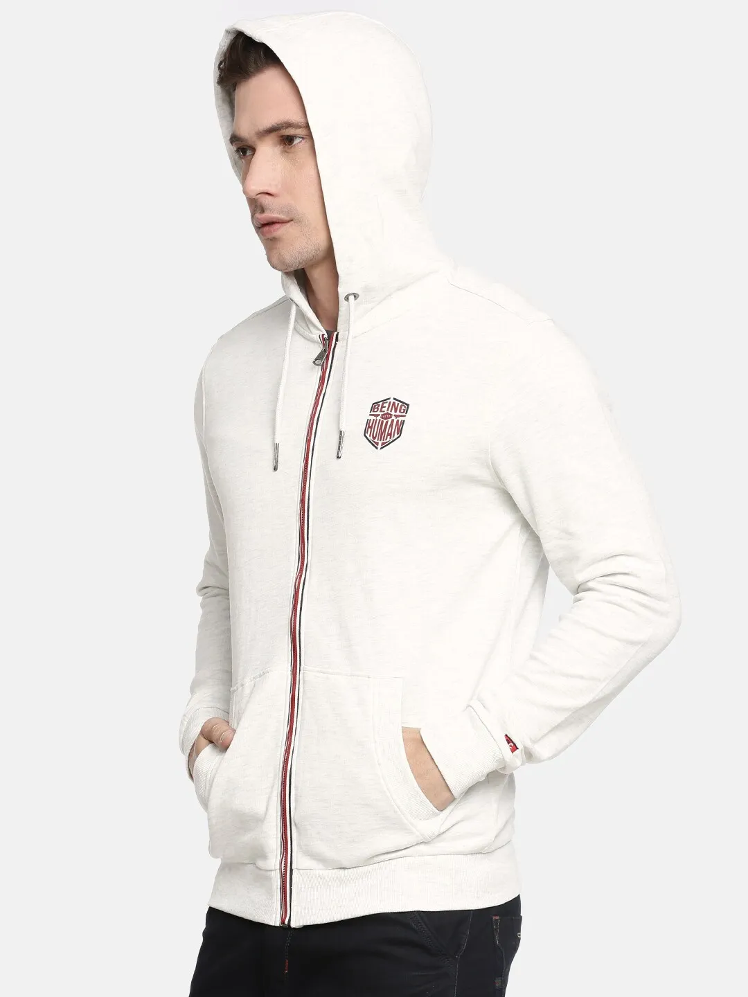 Beige Regular Fit  Long Sleeves Cotton Men's Hoodie by Being Human Clothing - Image 2