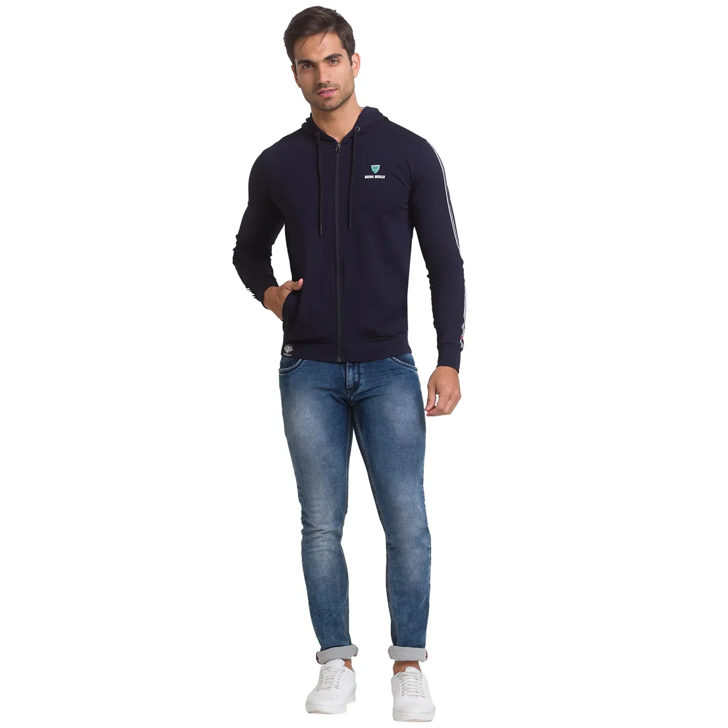Navy Regular Fit Men's Hoodie by Being Human Clothing - Image 3