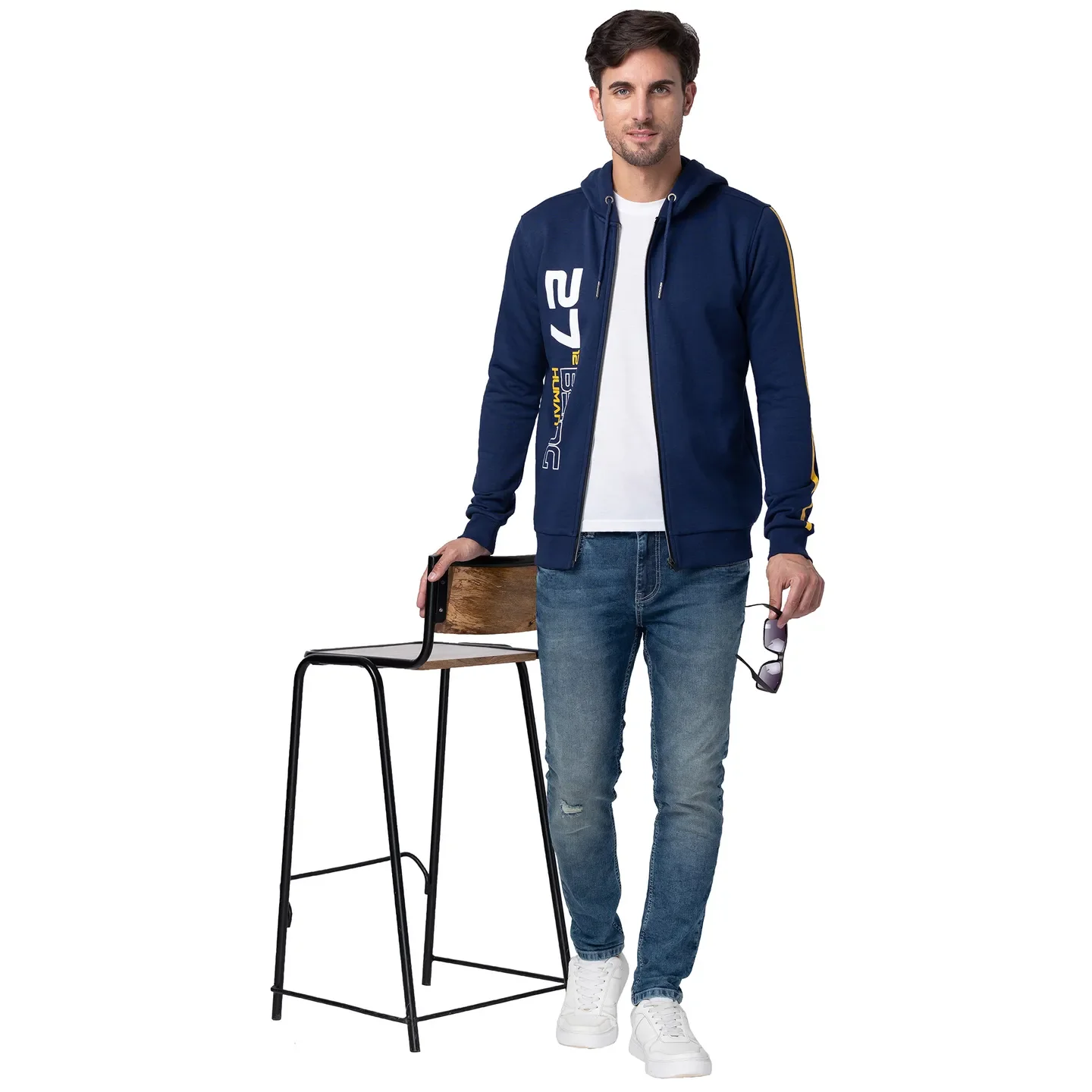 Blue Regular Fit  Long Sleeves Cotton Men's Hoodie by Being Human Clothing - Image 2
