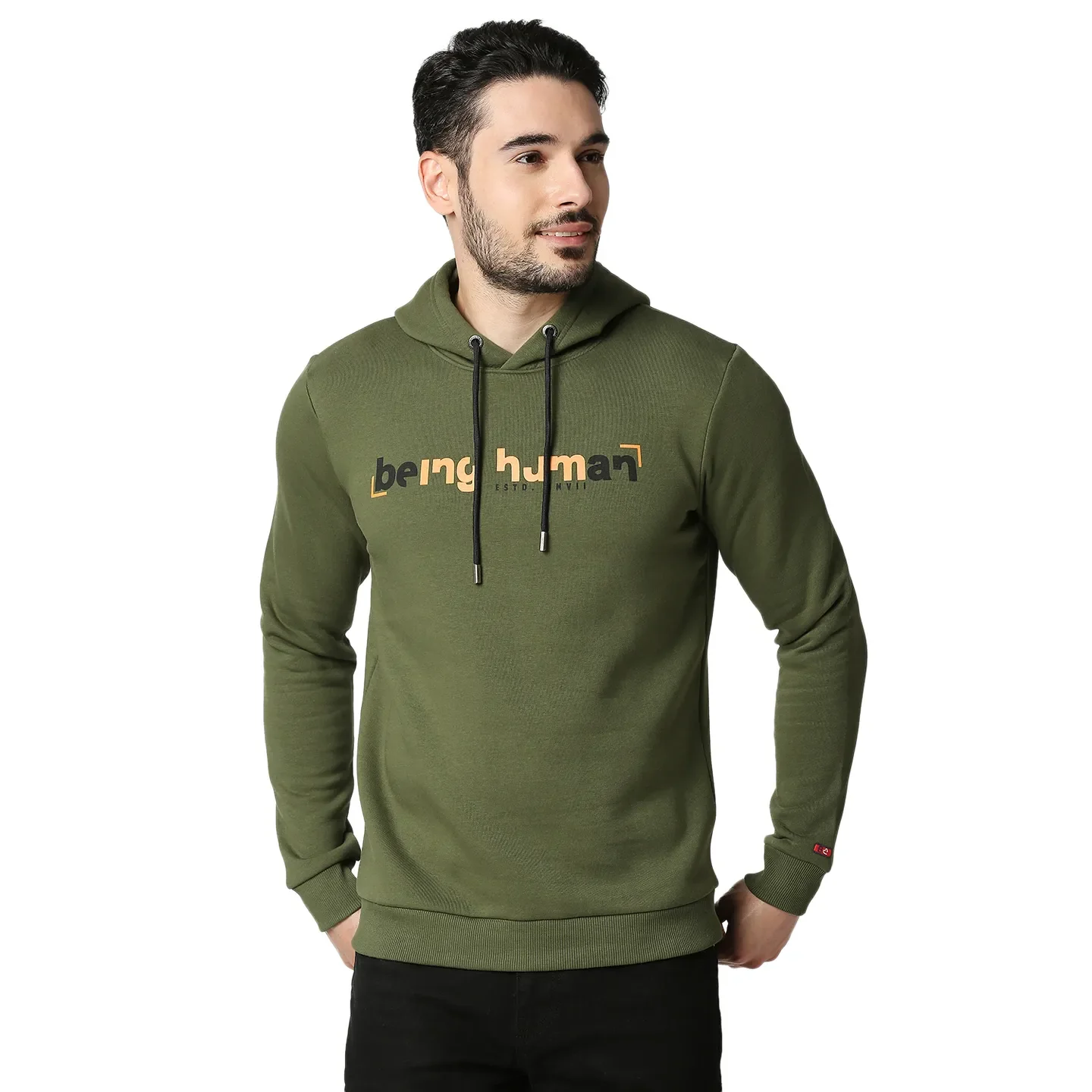 Olive Regular Fit Long Sleeves Cotton Men's Hoodie by Being Human Clothing