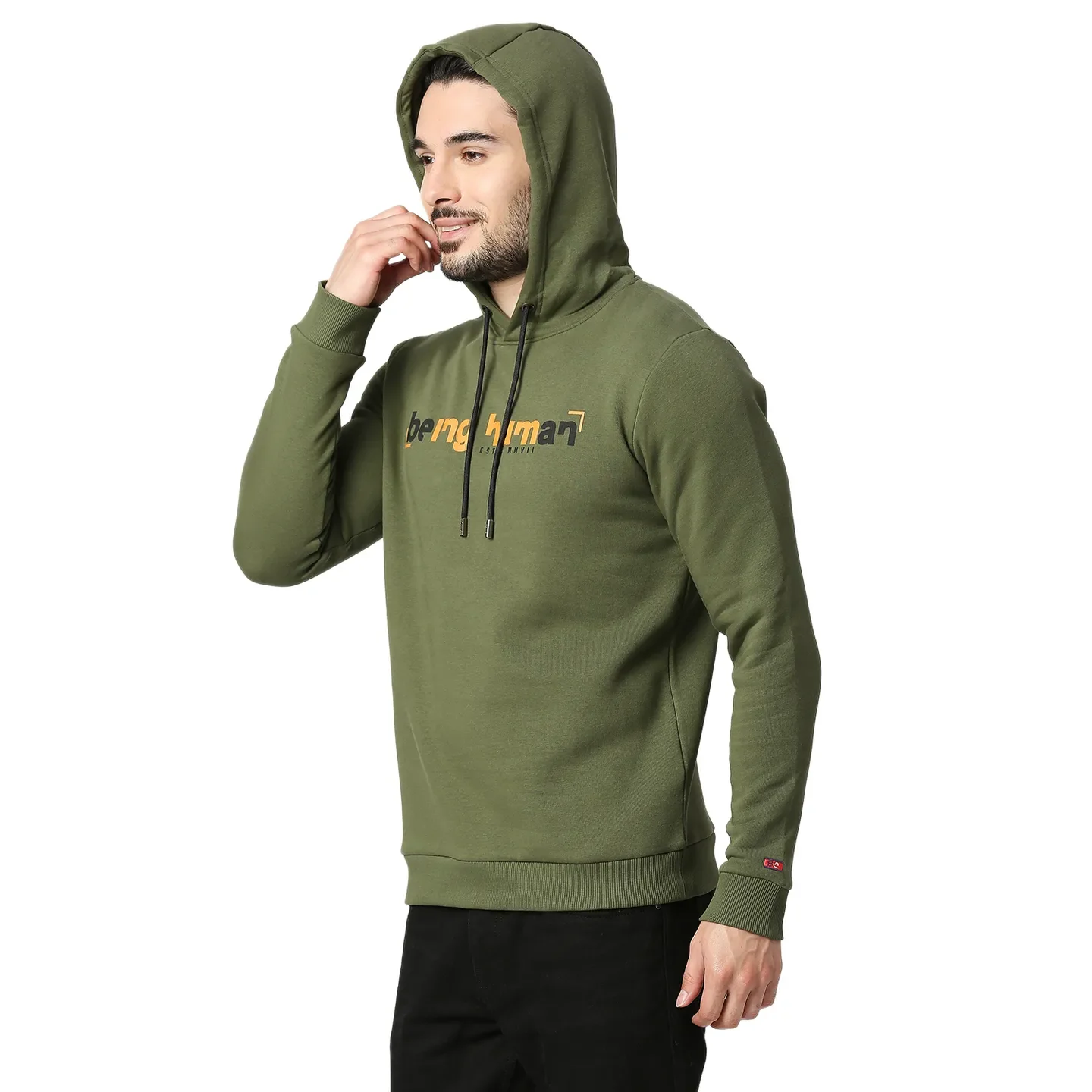 Olive Regular Fit Long Sleeves Cotton Men's Hoodie by Being Human Clothing - Image 2