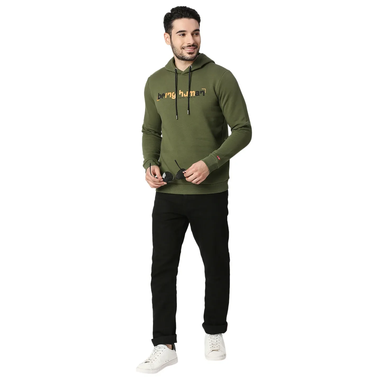 Olive Regular Fit Long Sleeves Cotton Men's Hoodie by Being Human Clothing - Image 5