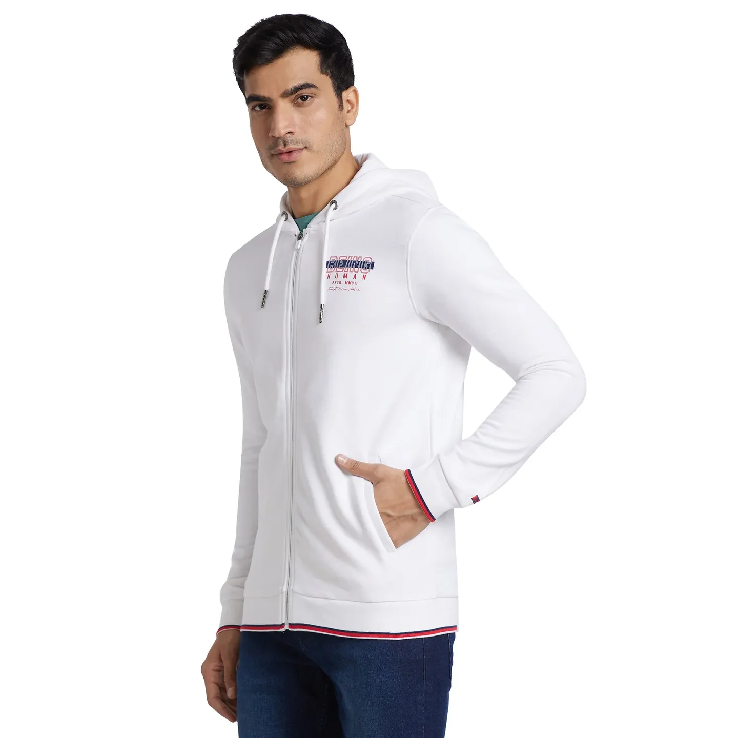 White Regular Fit Long Sleeves Cotton Men's Hoodie by Being Human Clothing - Image 2