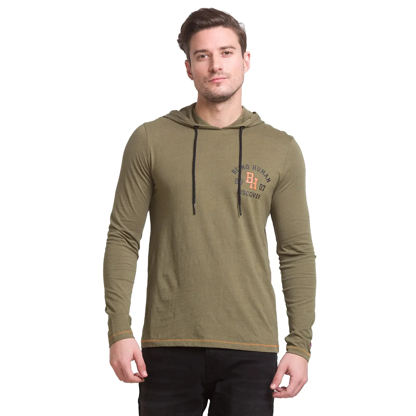 Dark Olive Regular Fit Hooded Neck Men's T-Shirt by Being Human Clothing - Image 2