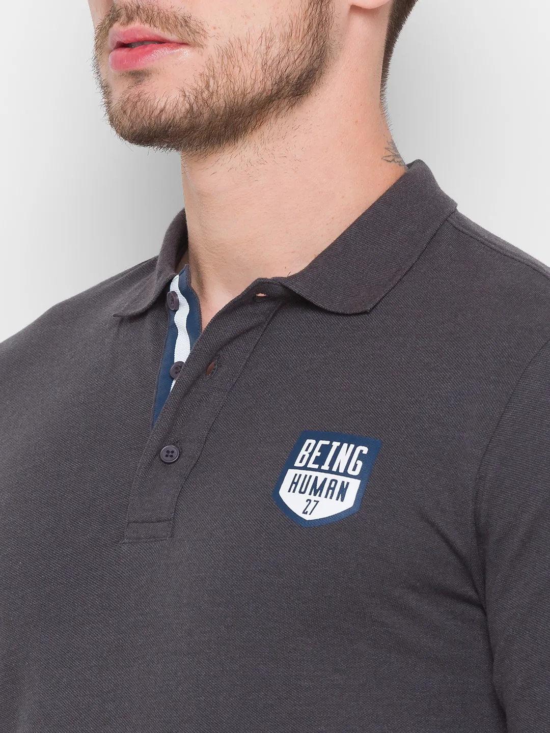 Grey Regular Fit Men's Long Sleeves Polo T-Shirt by Being Human Clothing - Image 5