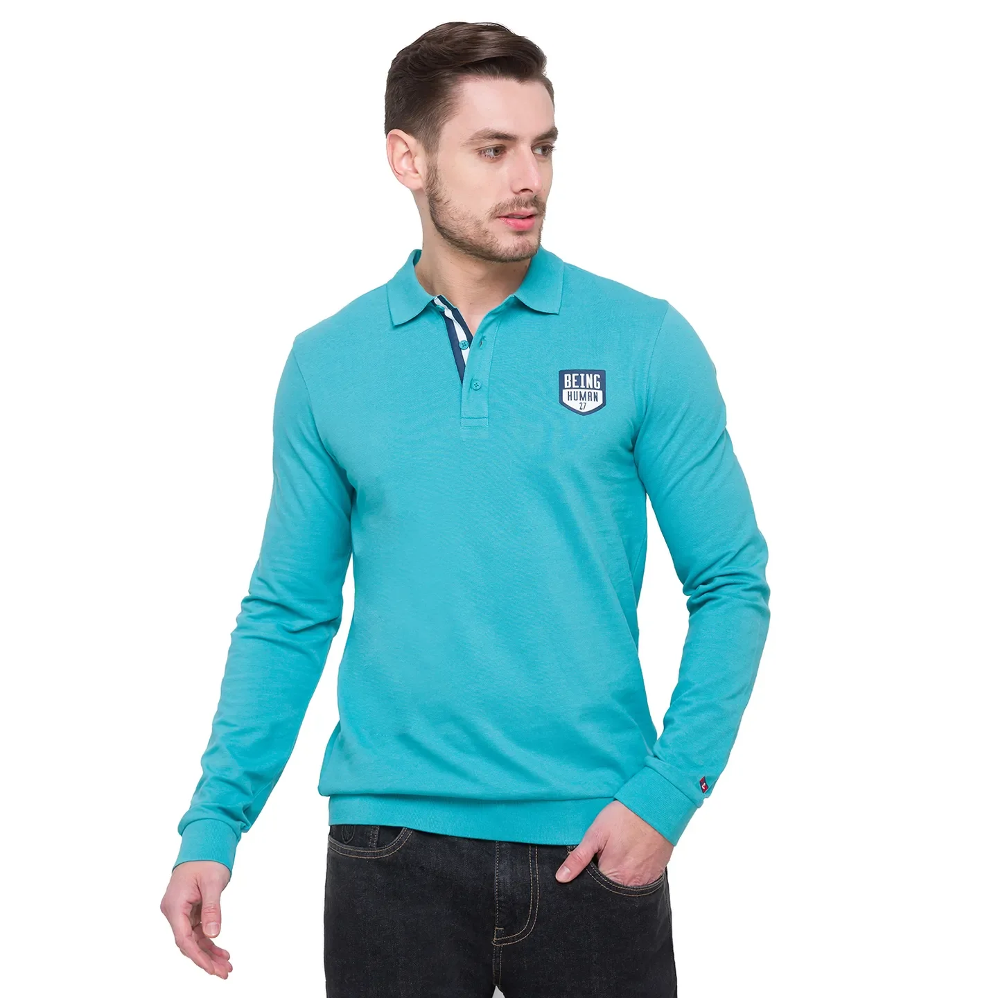 Blue Regular Fit Men's Long Sleeves Polo T-Shirt by Being Human Clothing