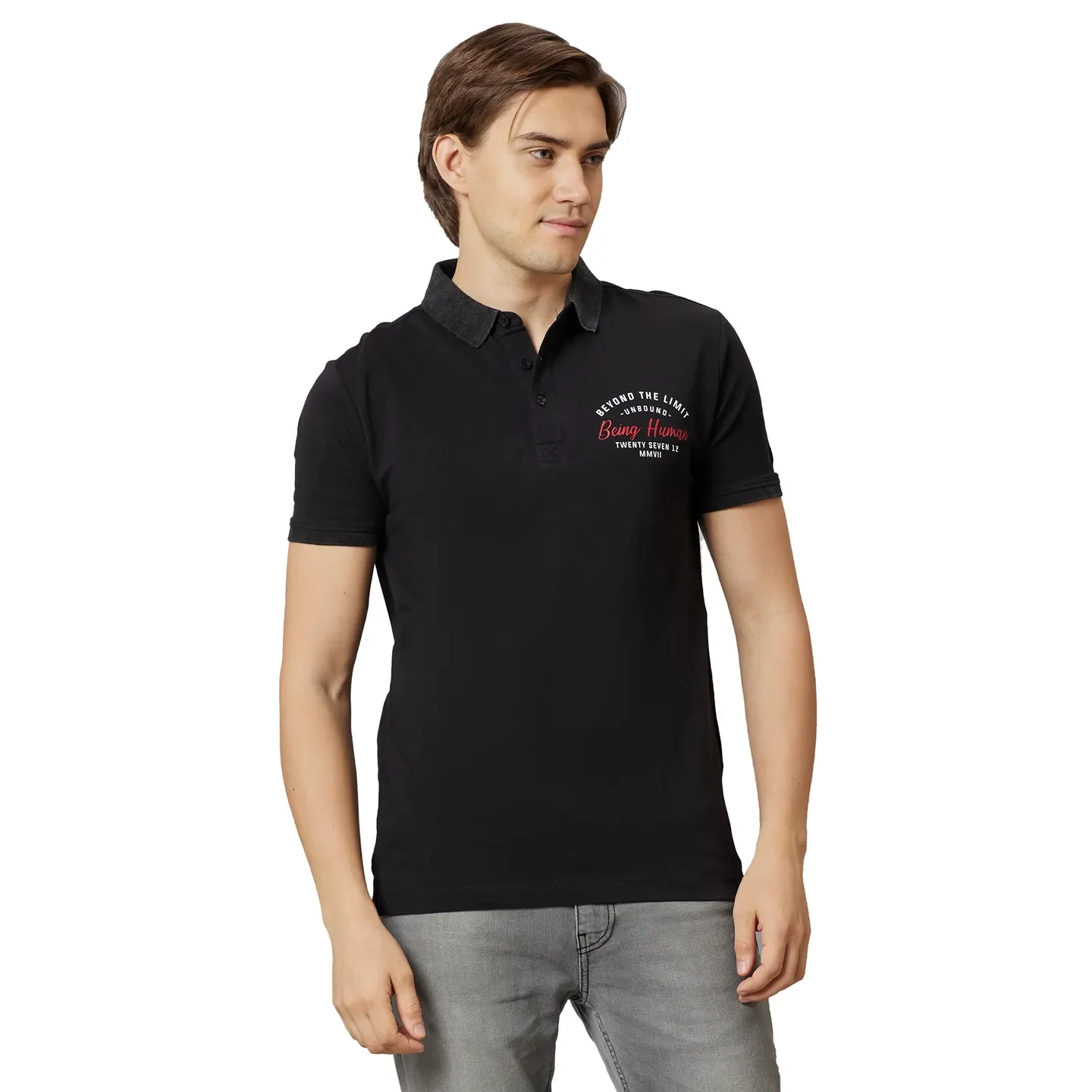 Black Regular Fit Men's Polo T-Shirt by Being Human Clothing