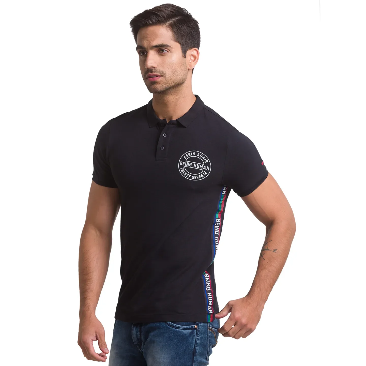 Black Regular Fit Men's Polo T-Shirt by Being Human Clothing - Image 4