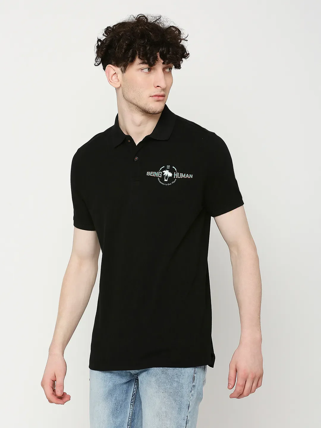 Black Regular Fit Men's Polo T-Shirt by Being Human Clothing - Image 2