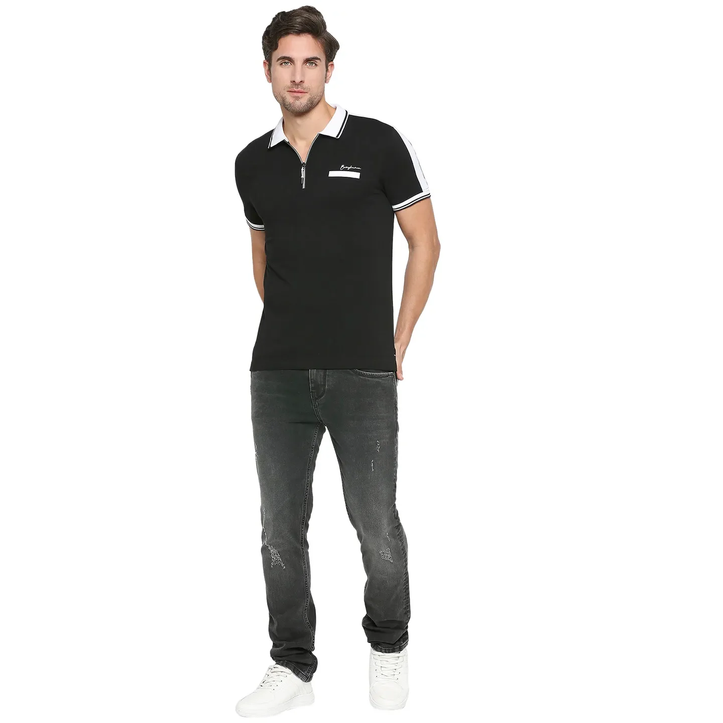 Black Regular Fit Men's Polo T-Shirt by Being Human Clothing - Image 6