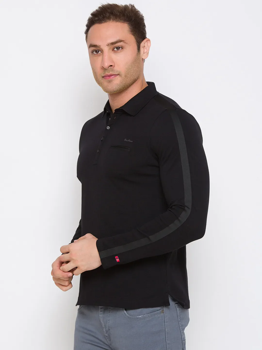 Black Regular Fit Men's Long Sleeves Polo T-Shirt by Being Human Clothing - Image 2