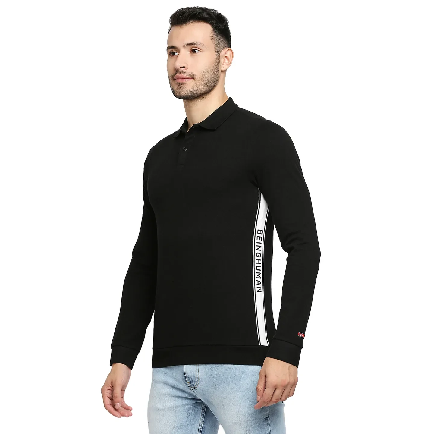 Black Regular Fit Men's Long Sleeves Polo T-Shirt by Being Human Clothing - Image 3