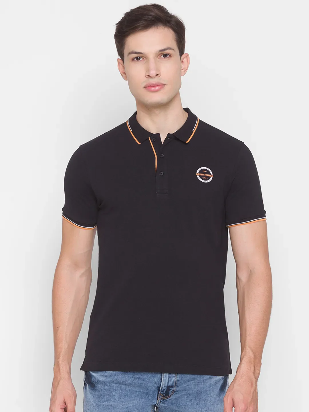 Black Regular Fit Men's Polo T-Shirt by Being Human Clothing