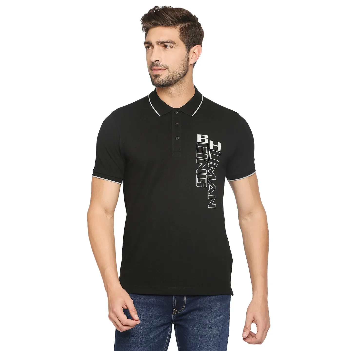 Black Regular Fit Men's Polo T-Shirt by Being Human Clothing