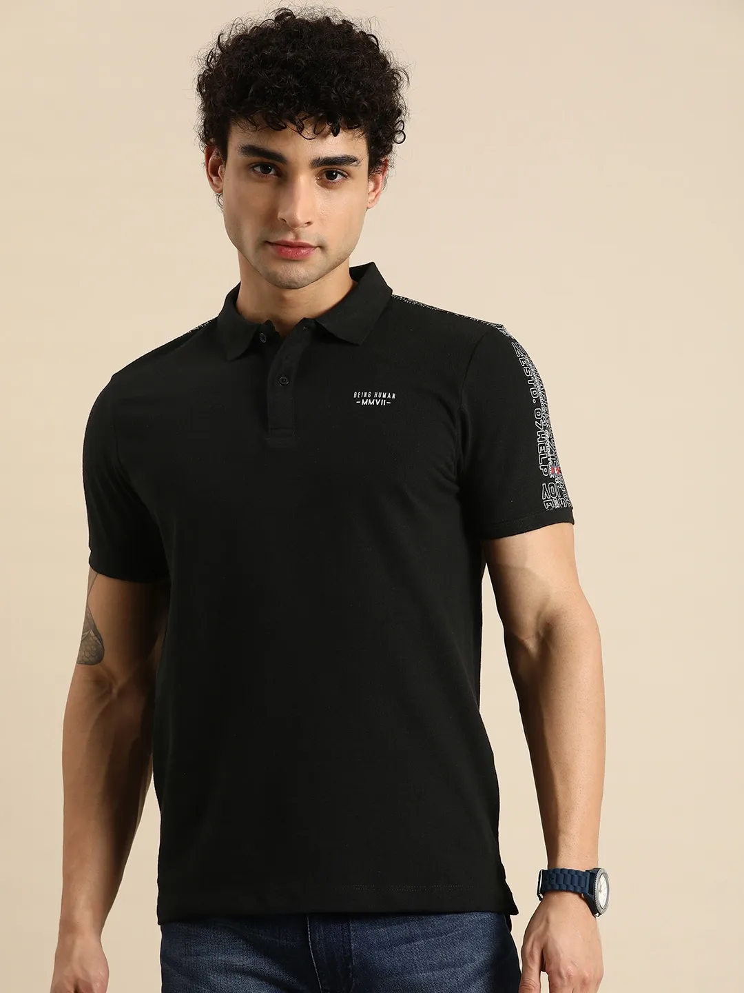 Black Regular Fit Men's Polo T-Shirt by Being Human Clothing - Image 10
