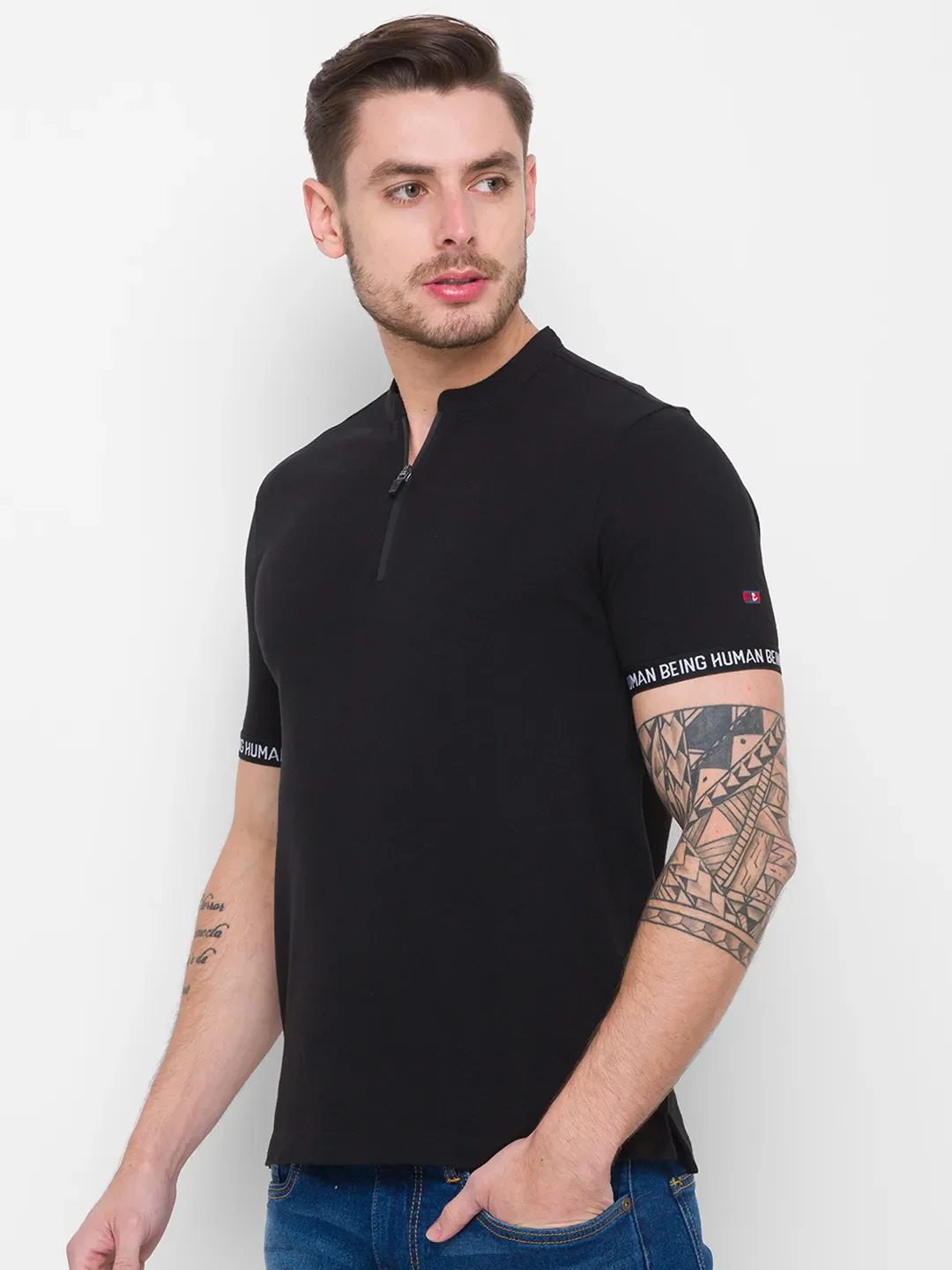 Black Regular Fit Men's Polo T-Shirt by Being Human Clothing - Image 4