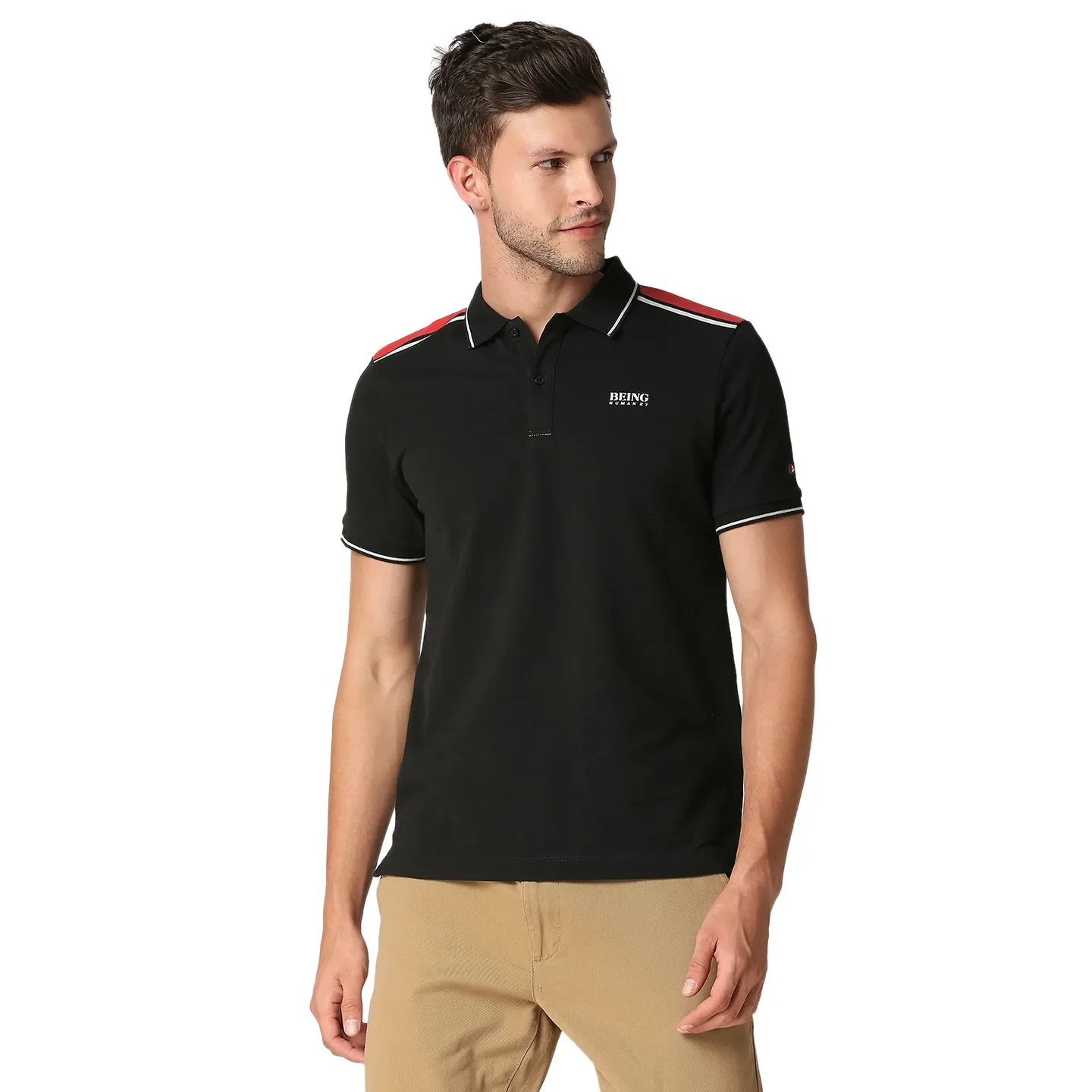 Black Slim Straight Fit Men's Polo T-Shirt by Being Human Clothing