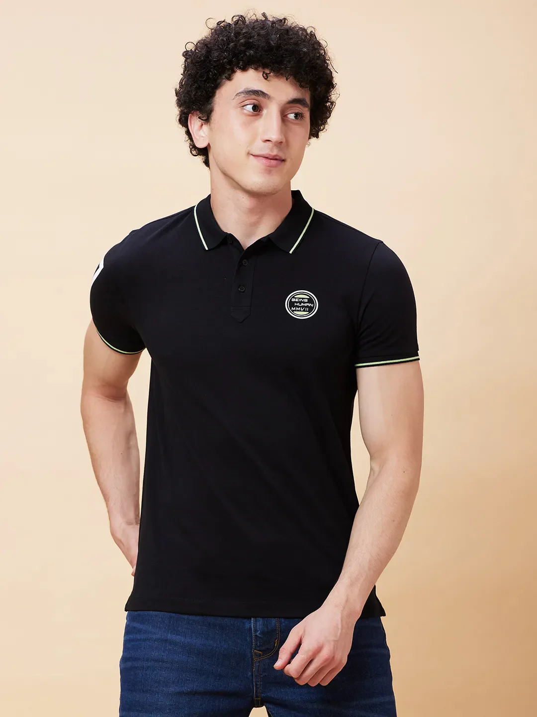 Black Regular Fit Men's Polo T-Shirt by Being Human Clothing