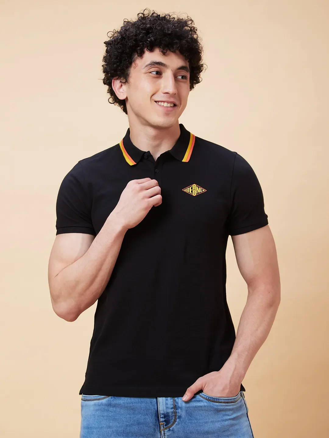 Black Regular Fit Men's Polo T-Shirt by Being Human Clothing