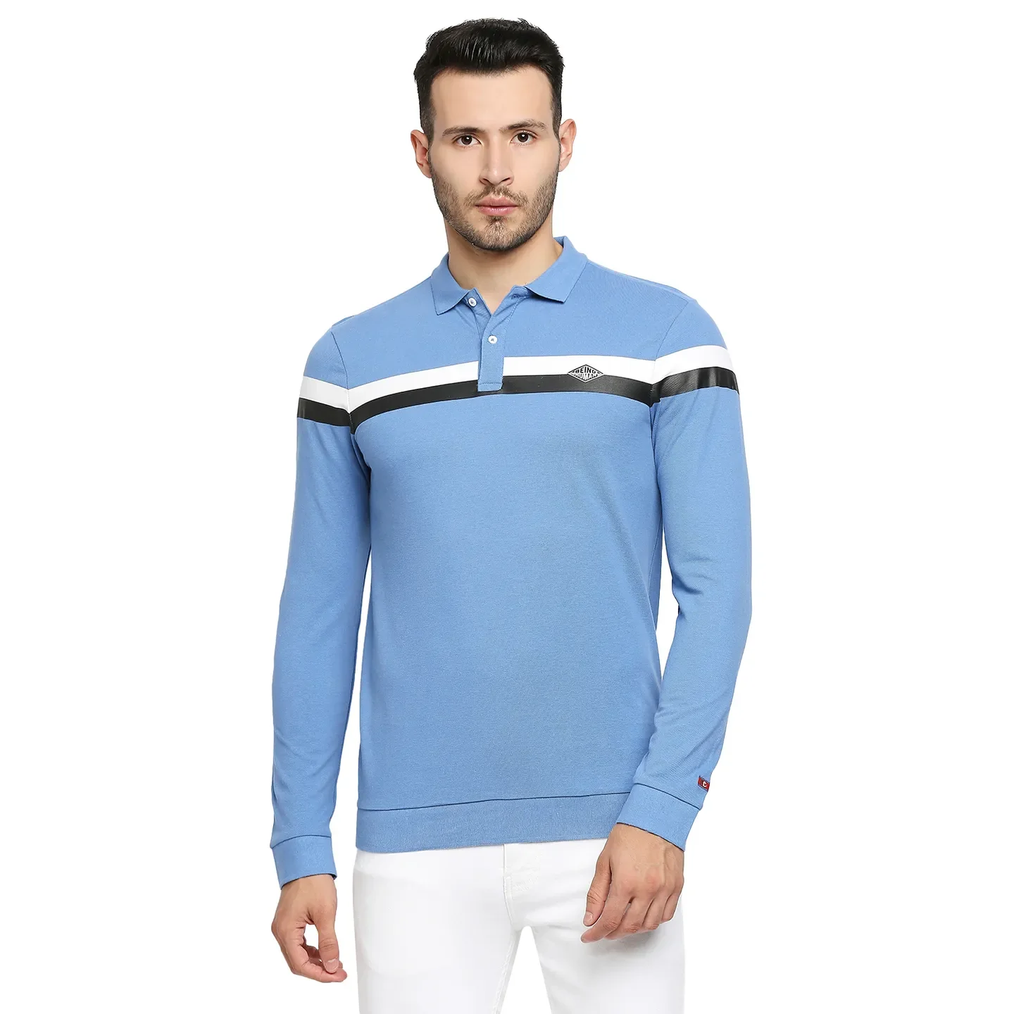 Blue Regular Fit Men's Long Sleeves Polo T-Shirt by Being Human Clothing