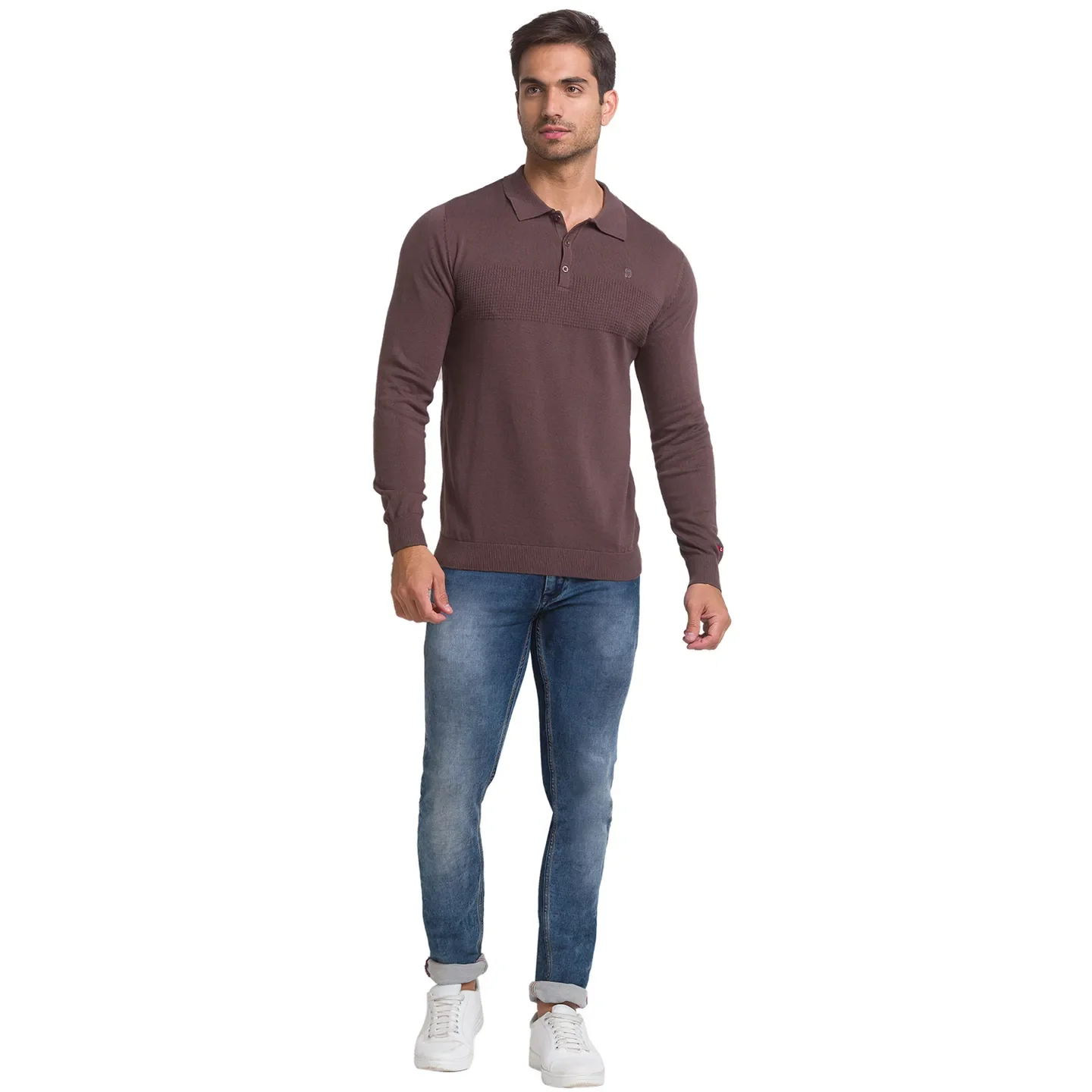 Brown Regular Fit Men's Long Sleeves Polo T-Shirt by Being Human Clothing - Image 3