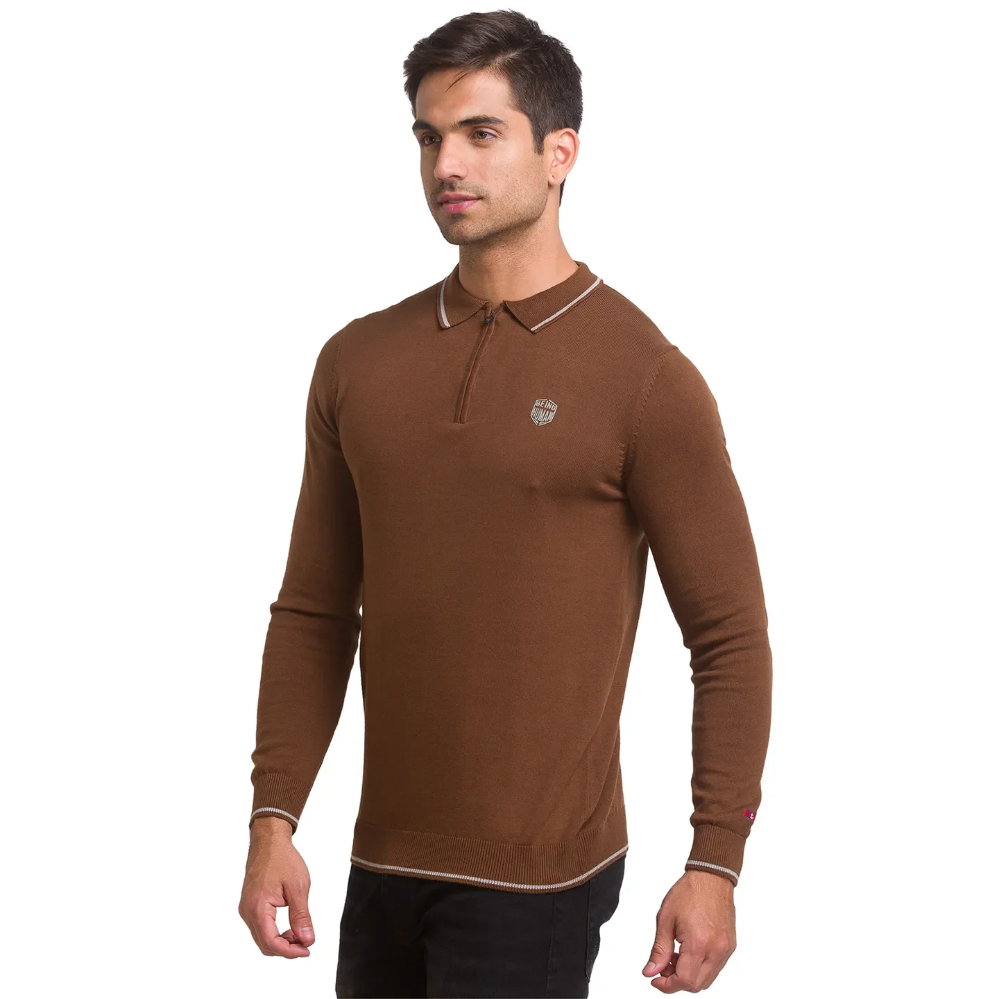 Brown Regular Fit Men's Long Sleeves Polo T-Shirt by Being Human Clothing - Image 4