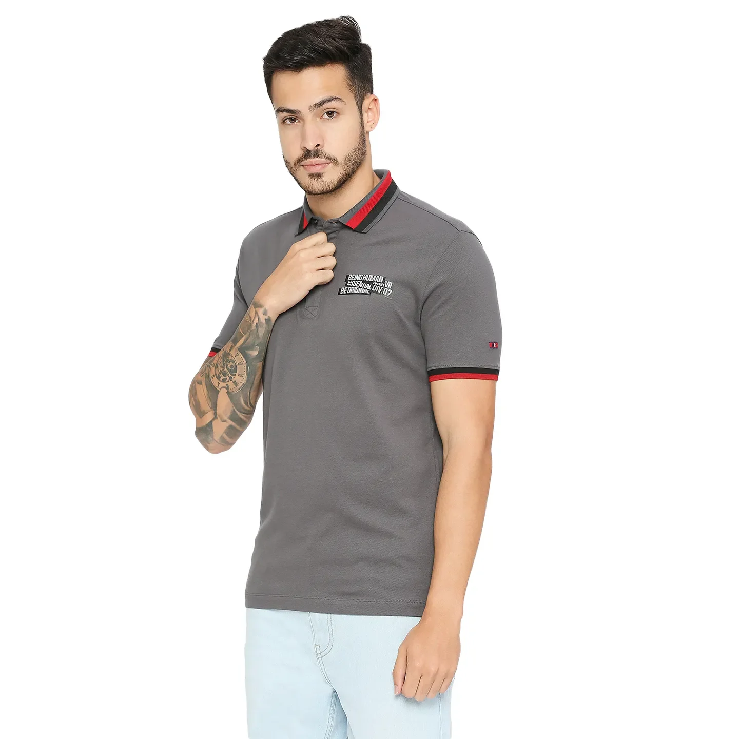 Grey Regular Fit Men's Polo T-Shirt by Being Human Clothing - Image 2