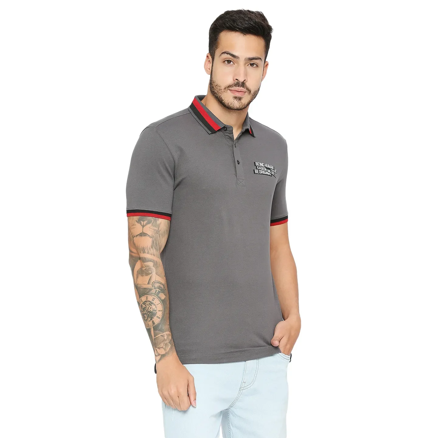 Grey Regular Fit Men's Polo T-Shirt by Being Human Clothing - Image 3