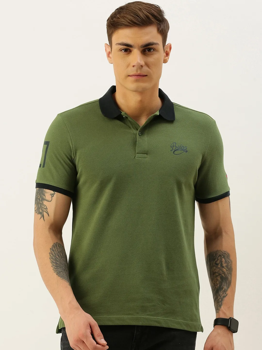 Green Regular Fit Men's Polo T-Shirt by Being Human Clothing