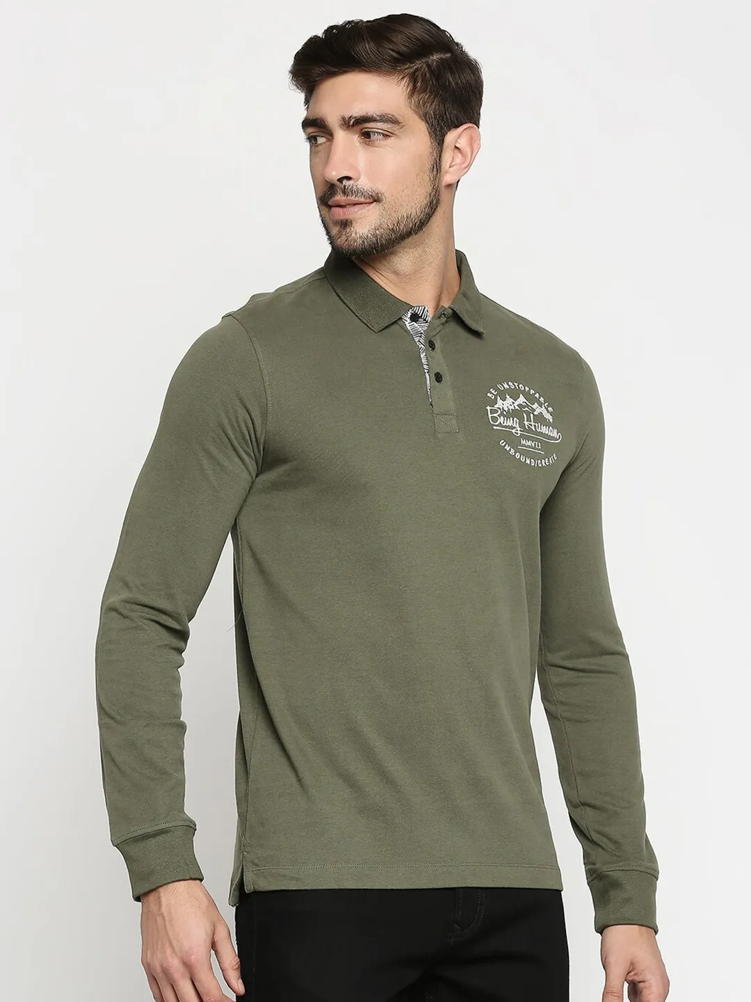 Green Regular Fit Men's Long Sleeves Polo T-Shirt by Being Human Clothing