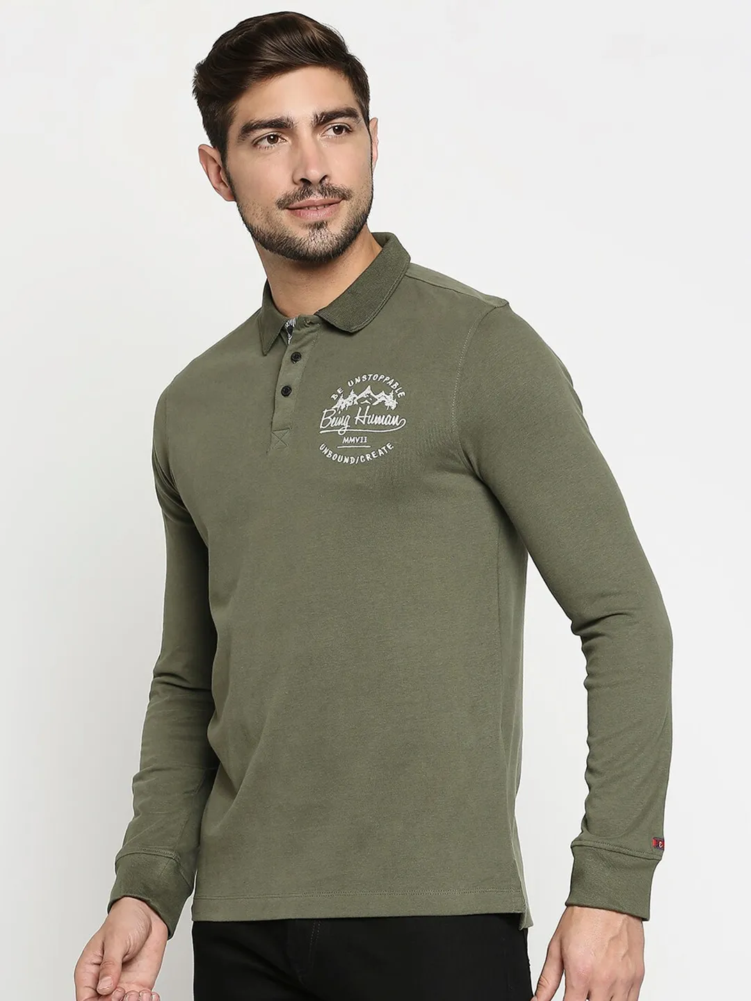 Green Regular Fit Men's Long Sleeves Polo T-Shirt by Being Human Clothing - Image 7