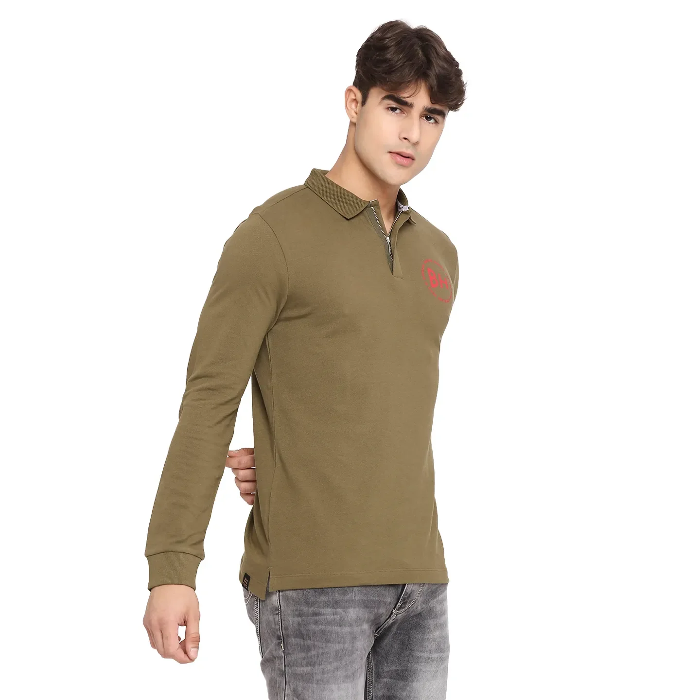 Green Regular Fit Men's Long Sleeves Polo T-Shirt by Being Human Clothing - Image 3