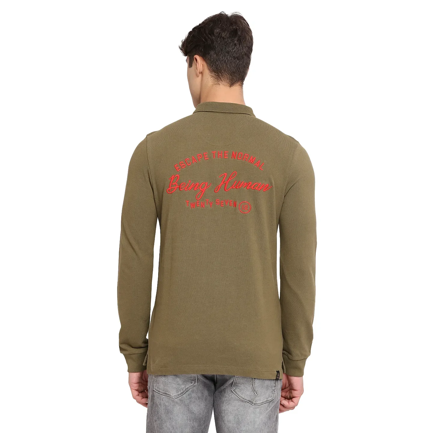 Green Regular Fit Men's Long Sleeves Polo T-Shirt by Being Human Clothing - Image 4