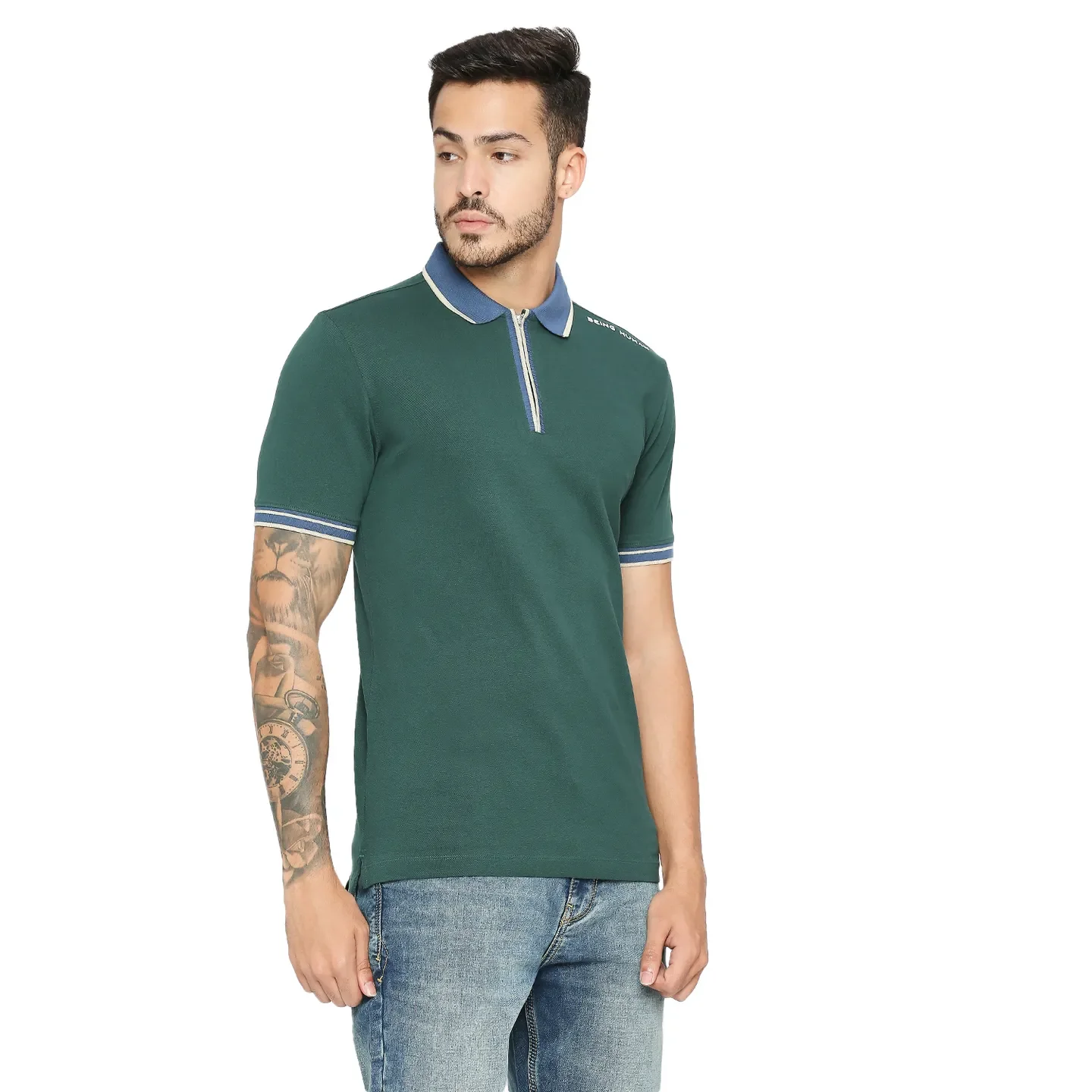 Green Regular Fit Men's Polo T-Shirt by Being Human Clothing - Image 3