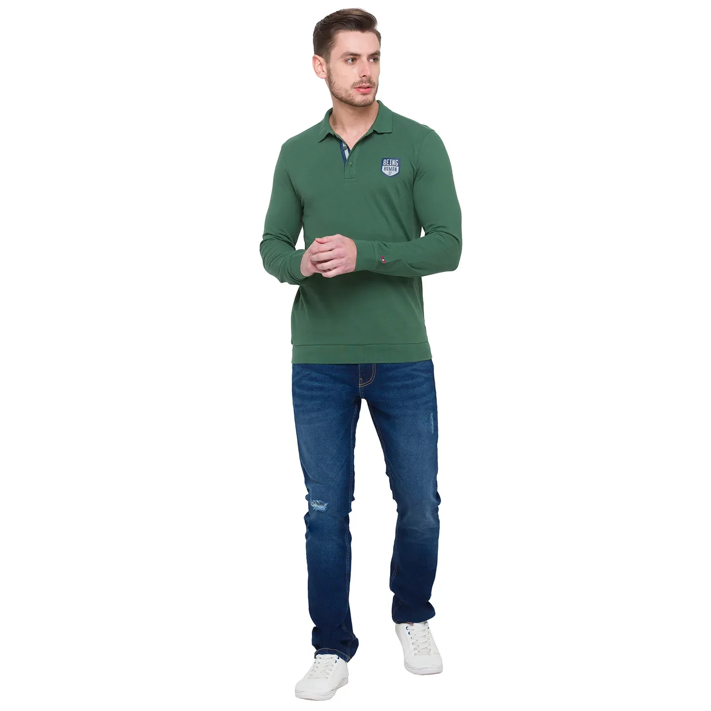 Green Regular Fit Men's Long Sleeves Polo T-Shirt by Being Human Clothing - Image 2