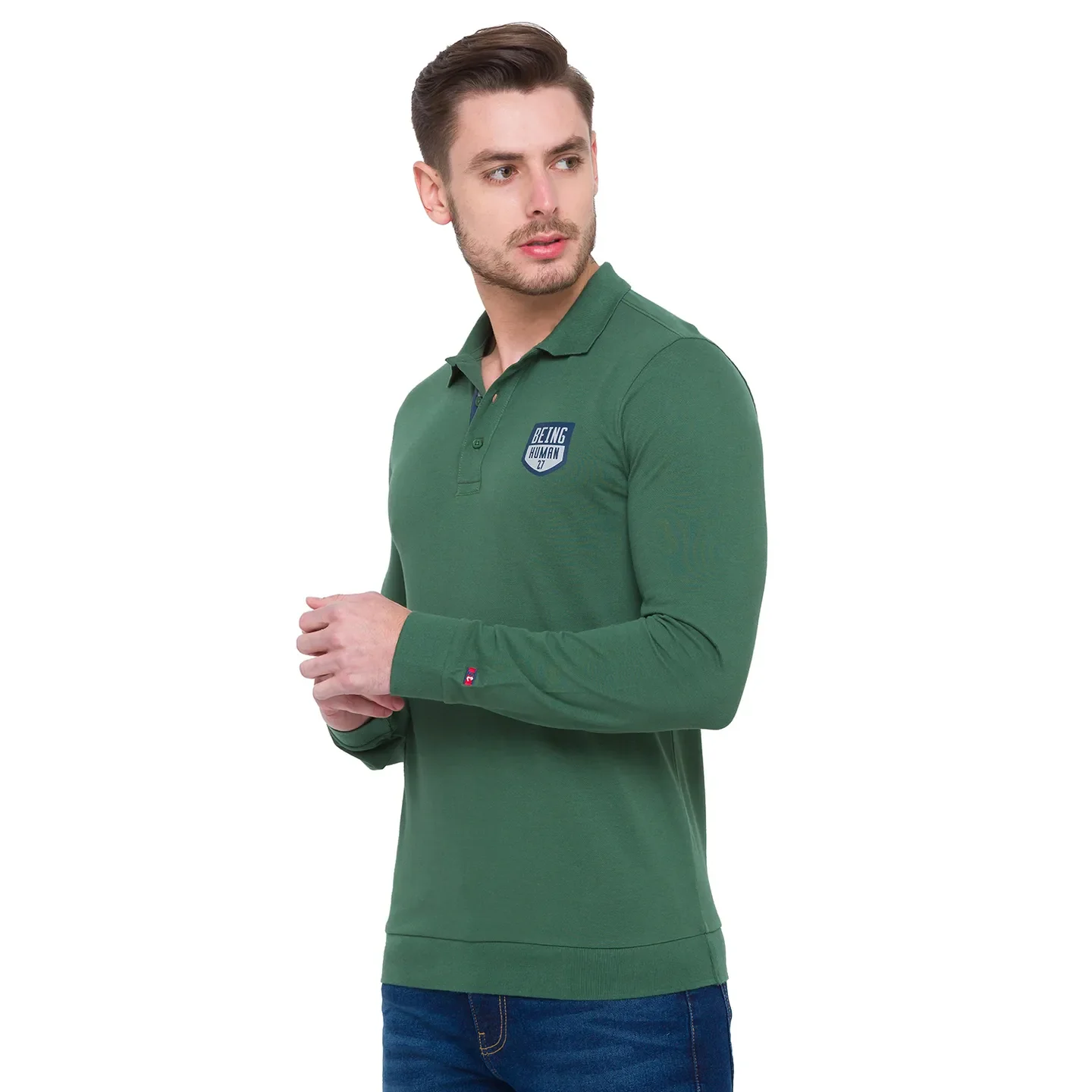 Green Regular Fit Men's Long Sleeves Polo T-Shirt by Being Human Clothing - Image 4