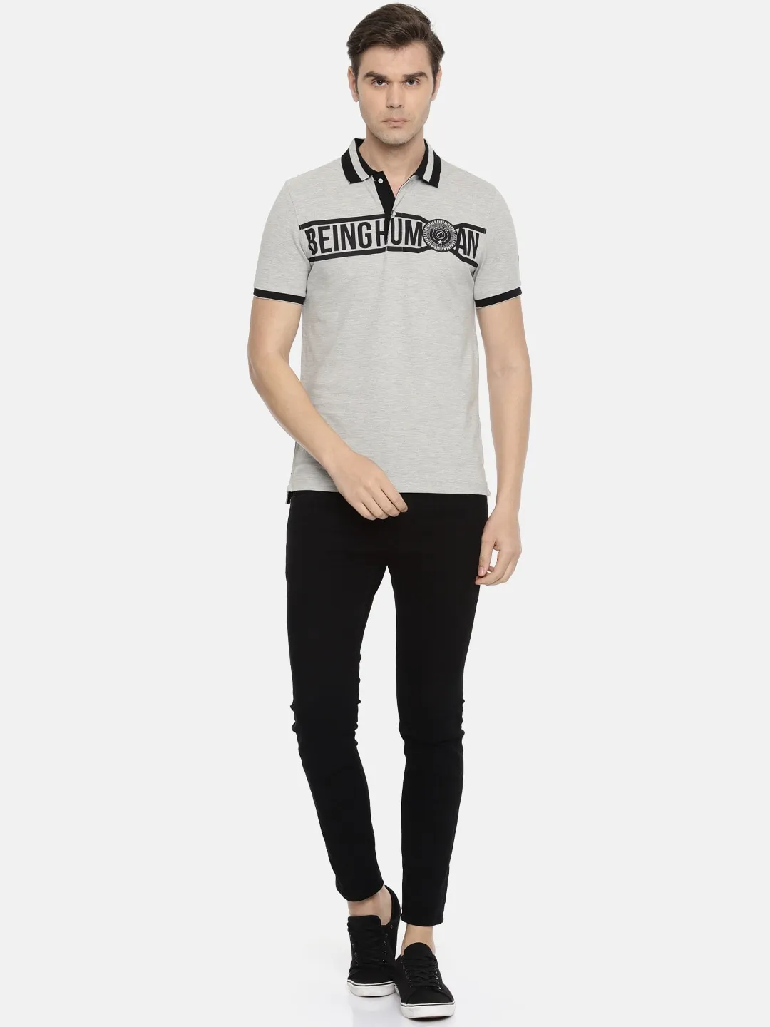 Grey Regular Fit Men's Polo T-Shirt by Being Human Clothing - Image 3