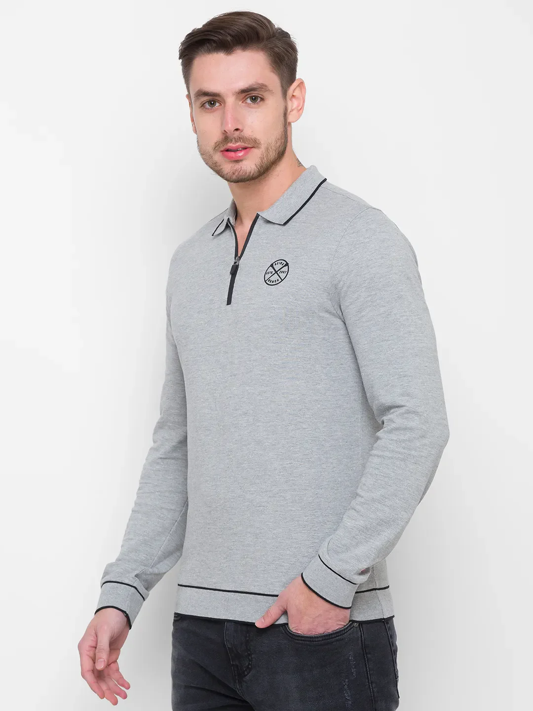 Grey Regular Fit Men's Long Sleeves Polo T-Shirt by Being Human Clothing
